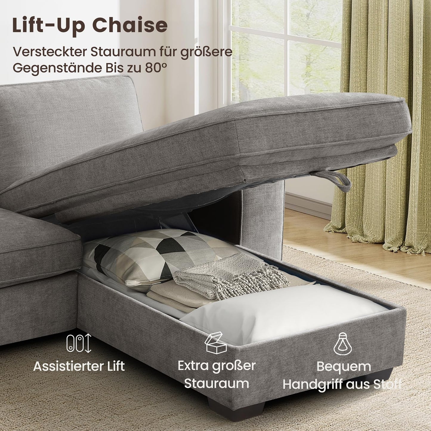 DUANDUAN 250CM Convertible Sektionssofa Couch mit Chaise Lagerung, Moderne L-förmige Reversible Design, Bequeme Chenille Stoff, abnehmbare Kissenbezüge USB Typ-C Ports Wohnzimmer(Beige)