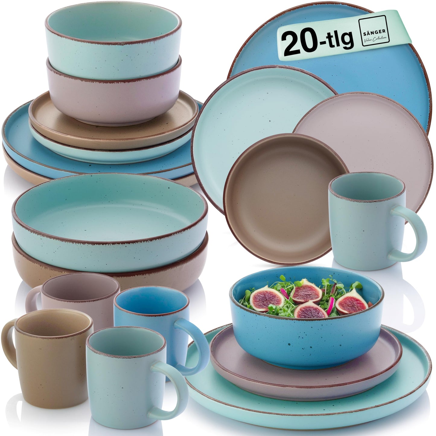 SÄNGER Bombay Seabed Crockery Service 20 Pieces, Stoneware Crockery for 4 People, 4 x Dinner Plates, 4 x Dessert Plates, 4 x Bowls, 4 x Pasta Plates, 4 x Coffee Mugs, Plate Set Colourful Value