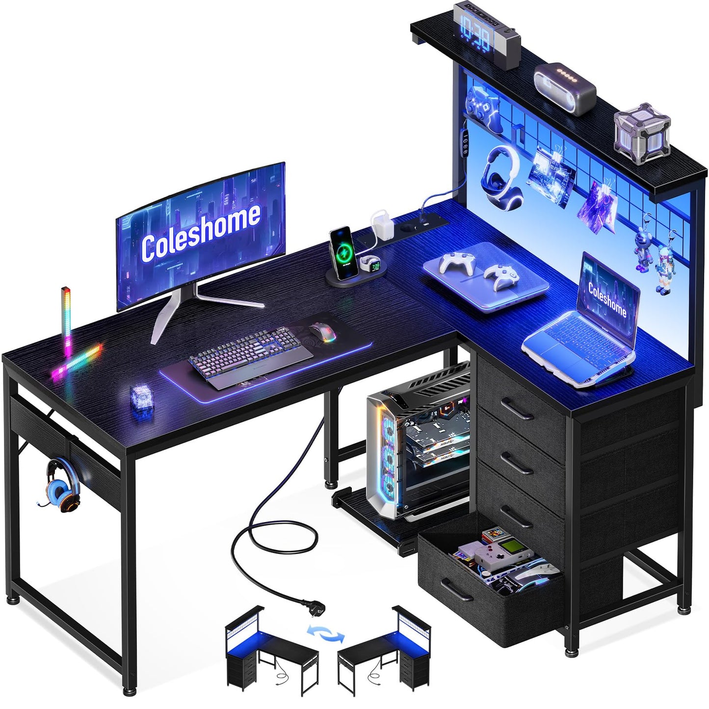 Coleshome Gaming Table with LED, 110 × 80 cm, Reversible Gaming Desk with Drawers & Sockets, Corner Desk with Storage Compartment & Storage Space, Black