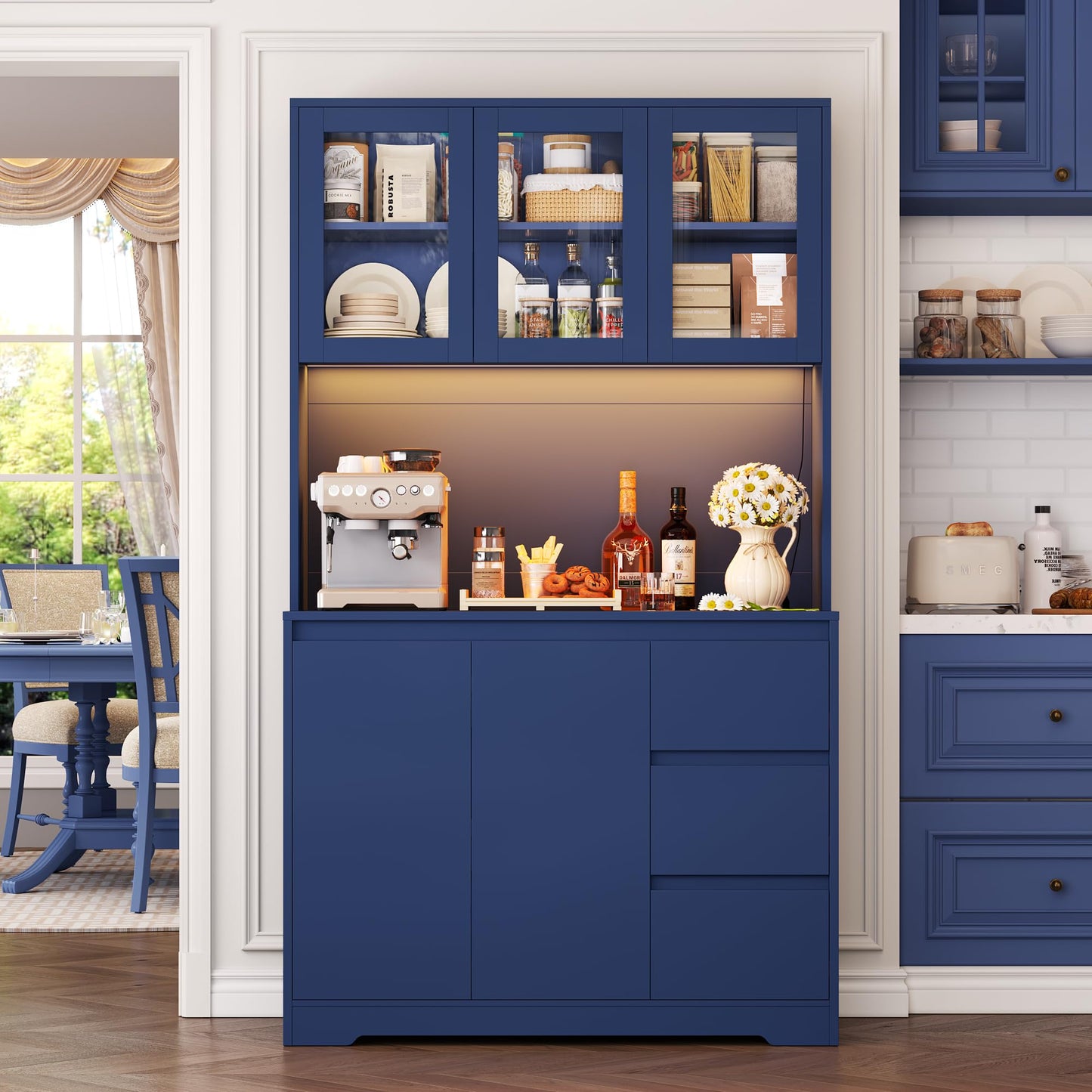 FirFurd Kitchen Cabinet Buffet Cabinet with LED Sideboard for Kitchen with Power Strip Kitchen Cabinet with Worktop and 3 Drawers Kitchen Buffet with Adjustable Shelf 180 x 100 x 38.5 cm (Black)