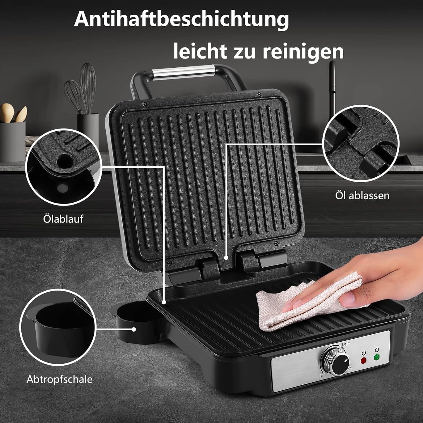 YASHE Contact Grill, 4 Slices Panini Grill Non-Stick Coated Plates, 1800 W Toaster Sandwich Toaster with Temperature Control, Indicator Light, Opens 180 Degrees, Removable Drip Tray, Black