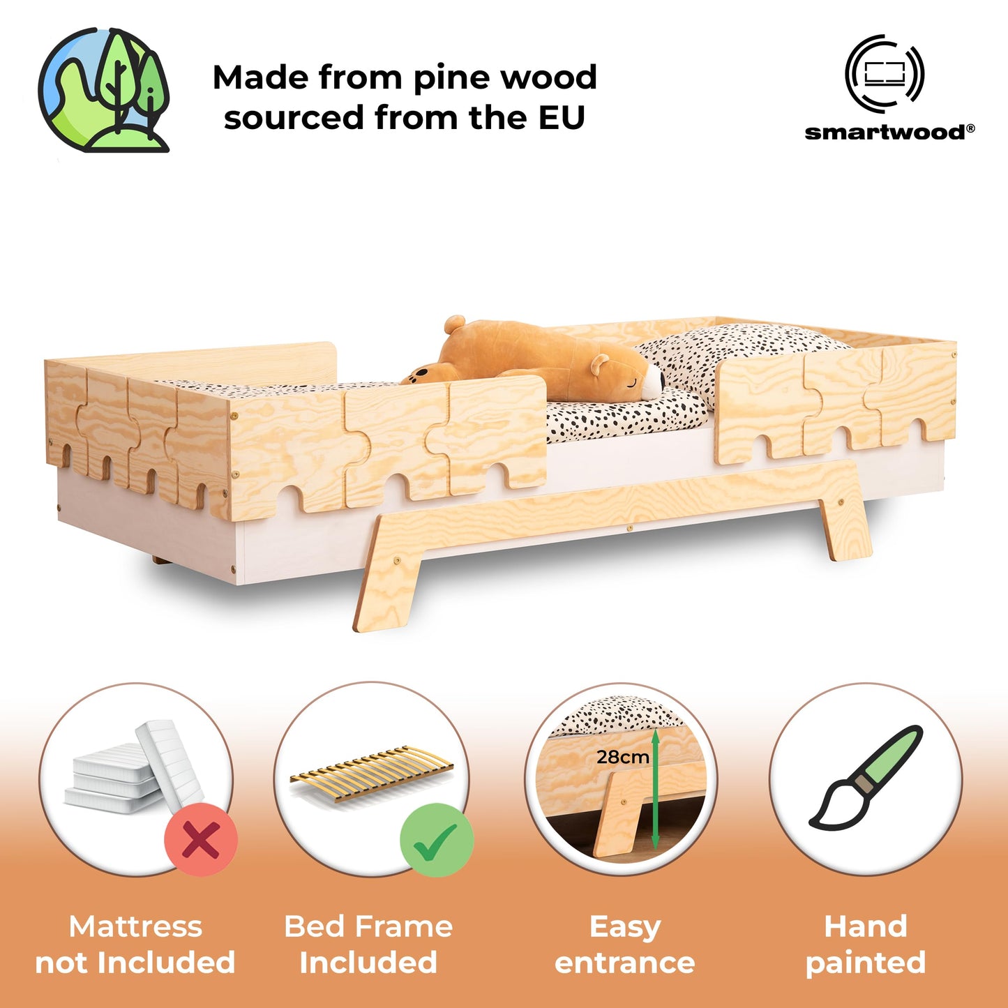 smartwood Kinderbett mit Lattenrost und Rausfallschutz Puzzle BR2 Montessori einzelbett für Jungen und Mädchen - Bett aus Kiefer Sperrholz mit Rausfallschutz und Lattenrost - Grau - 90x200 cm