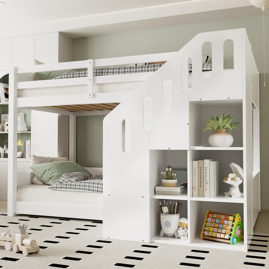 Hochbett bett 90×200cm Doppelbett mit Treppenschrank,Kinder-Etagenbett mit Stabil & Sicher Rausfallschutz für 2, Bett Kinder mit Stauraum/Schließfächern/Lattenrost, ohne Matratze (Weiß, 90×200cm)