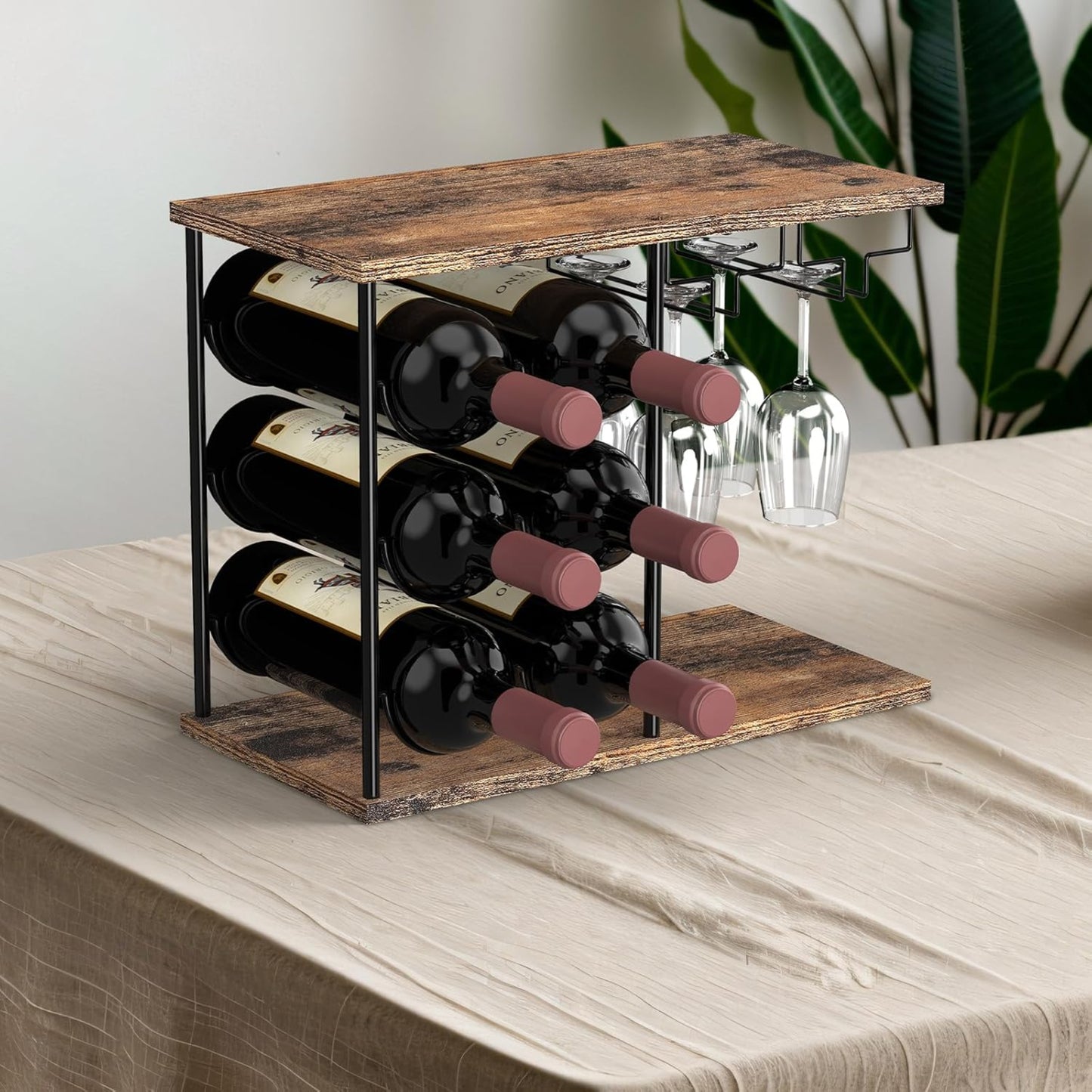 Wine Rack for 6 Bottles, Bottle Rack with 3 Shelves, Vintage Metal Wine Stand with Glass Holder, Bottle Holder, Freestanding Bottle Rack for Kitchen, Bar, Dining Room, Living Room, Vintage Brown/Black