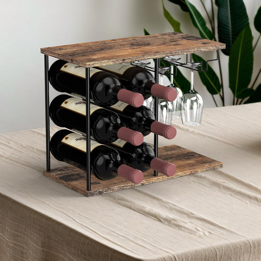 Wine Rack for 6 Bottles, Bottle Rack with 3 Shelves, Vintage Metal Wine Stand with Glass Holder, Bottle Holder, Freestanding Bottle Rack for Kitchen, Bar, Dining Room, Living Room, Vintage Brown/Black