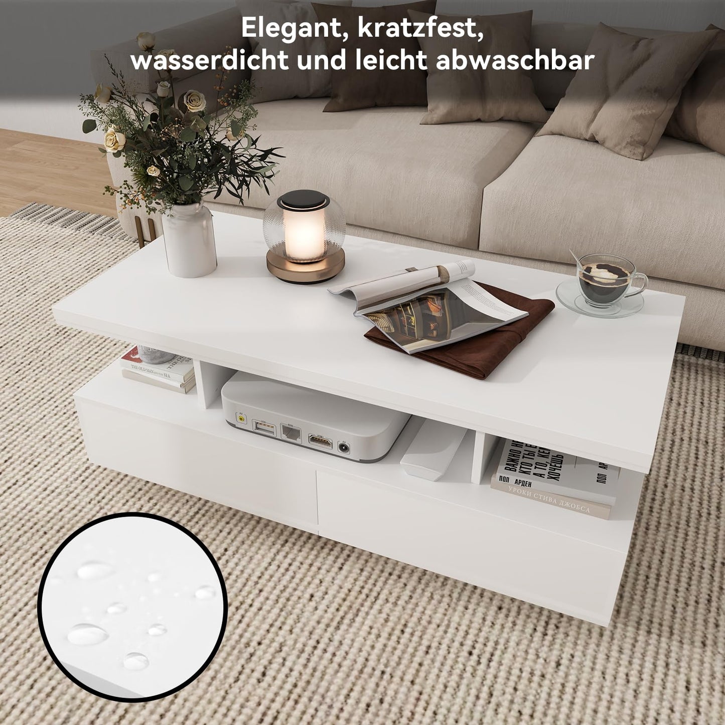YU YUSING LED Coffee Table, Living Room Table, Coffee Table with 2 Drawers, 2 Shelves, 6000 Coloured LED Lighting, Remote Control, App Control, Side Table with Open, 105 x 50 x 39 cm, Modern White