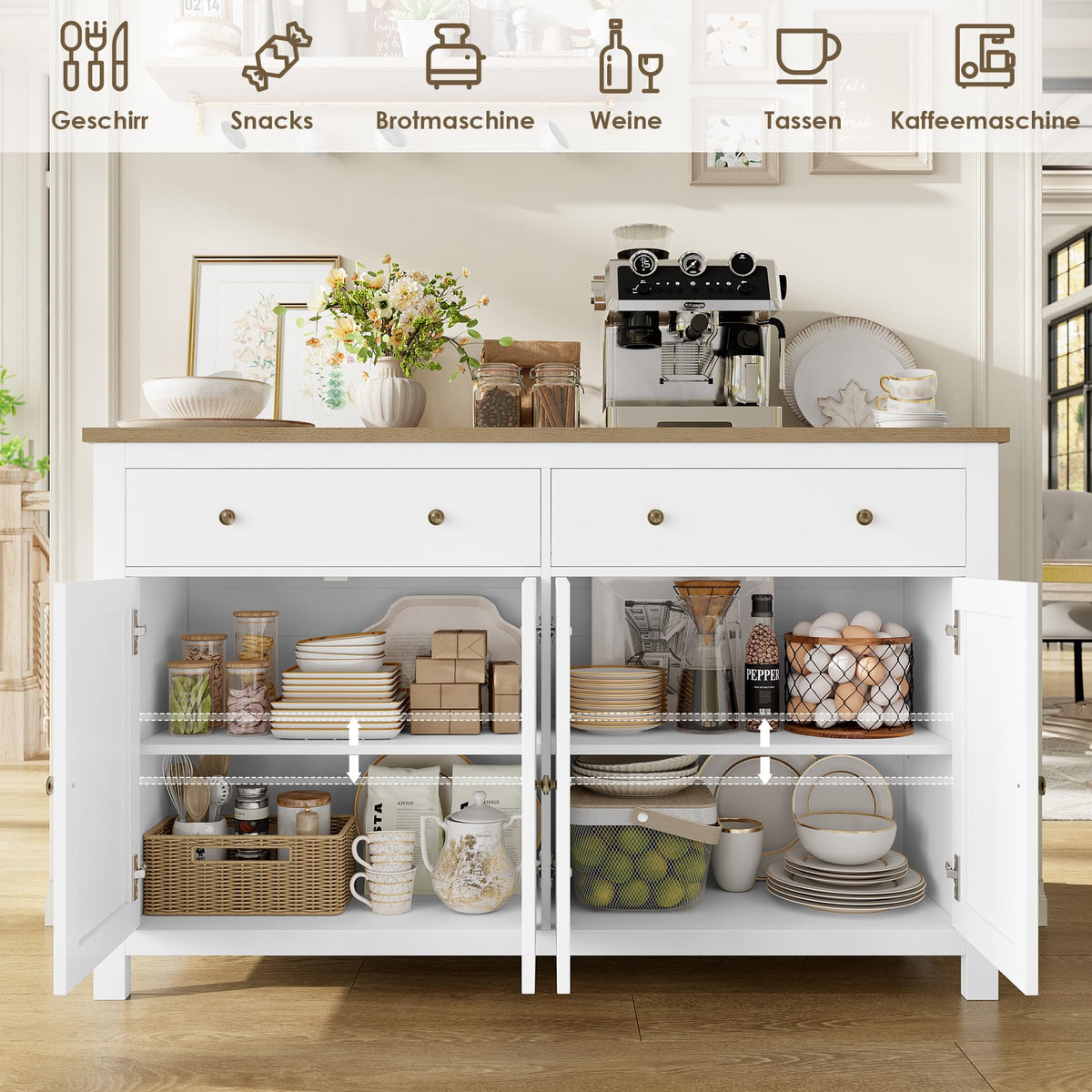 FirFurd Sideboard 140 cm Wide Kitchen Cabinet with Worktop Buffet Cabinet with 2 Drawers 4 Doors Kitchen Buffet with Adjustable Shelves for Living Room Kitchen Dining Room 140 x 40 x 89 cm White