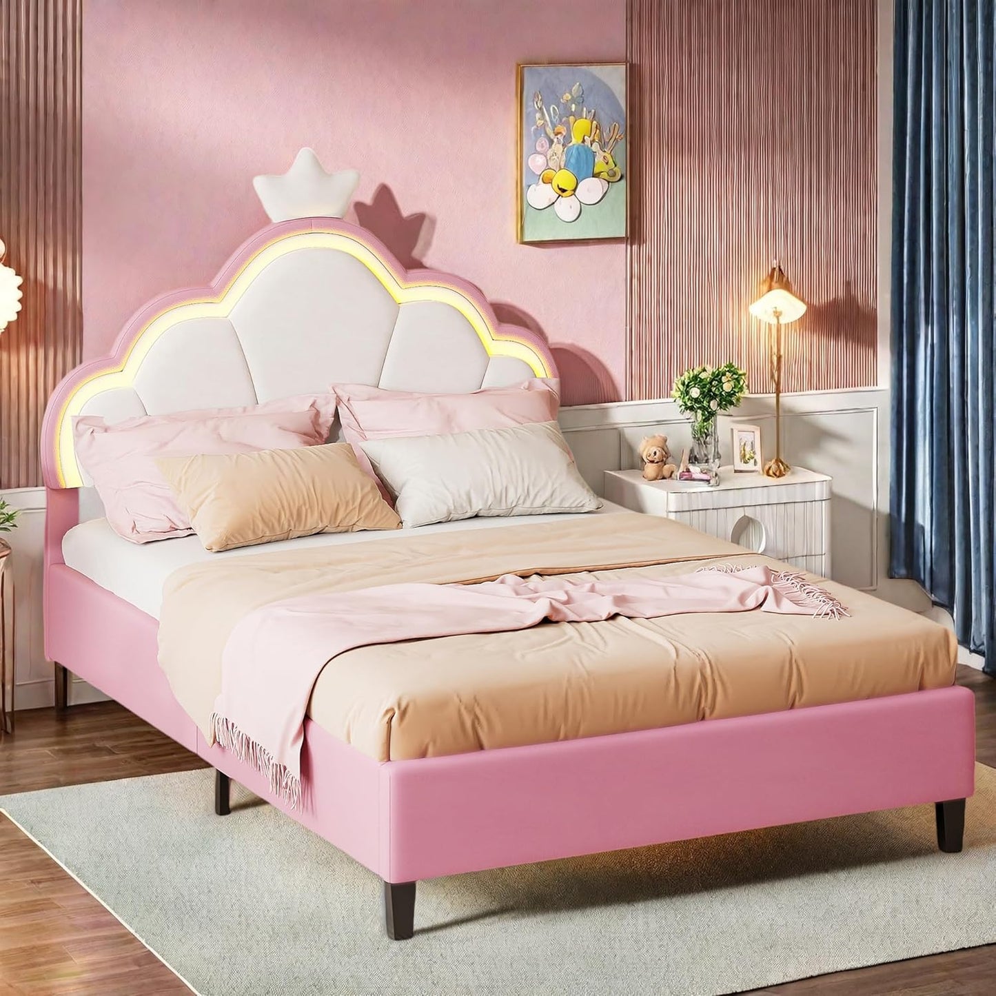 Upholstered Sofa Bed 140 x 200 cm, with Ambient Light and USB Connection, Children's Bed with Slatted Frame, Functional Bed, Teenager's Bed, Lambswool Material, Pink