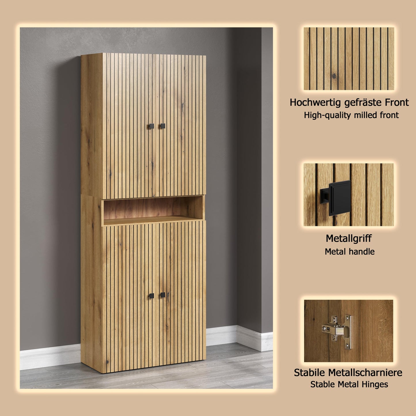 trendteam smart living - PureBliss - Hochschrank - Eiche - Badezimmerschrank in moderner Rillenoptik - edle Metallgriffe - (BxHxT) 40 x 186 x 31 cm - 2 praktische Einlegeböden - kratzfest