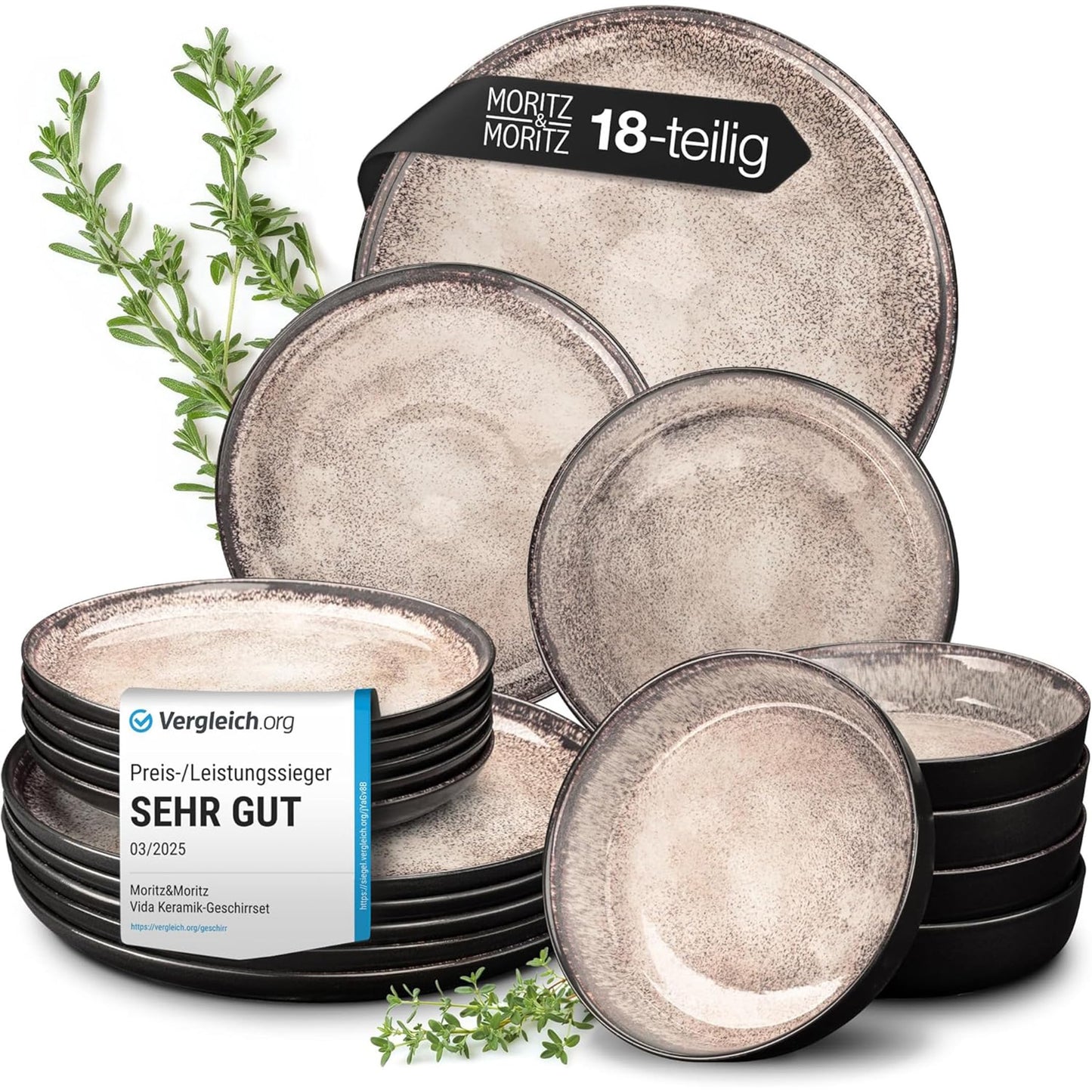 Moritz & Moritz Vida 18-Piece Crockery Set for 6 People, Elegant Plate Set Made of High-Quality Porcelain, Crockery Consisting of 6 x Dinner Plates, 6 x Dessert Plates, 6 x Soup Plates