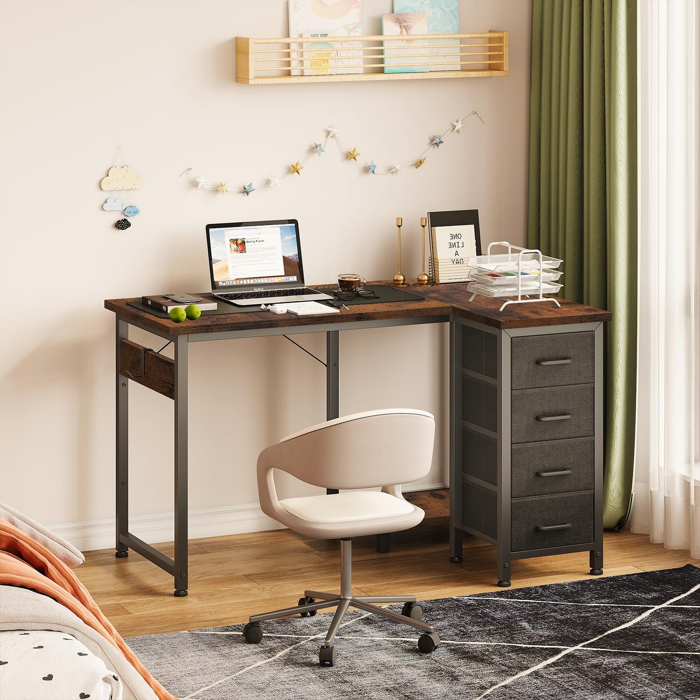 Coleshome Corner Desk, 100 x 70 cm, L Shape Desk with 4 Drawers, Reversible Computer Desk for Office, Study, Bedroom, White