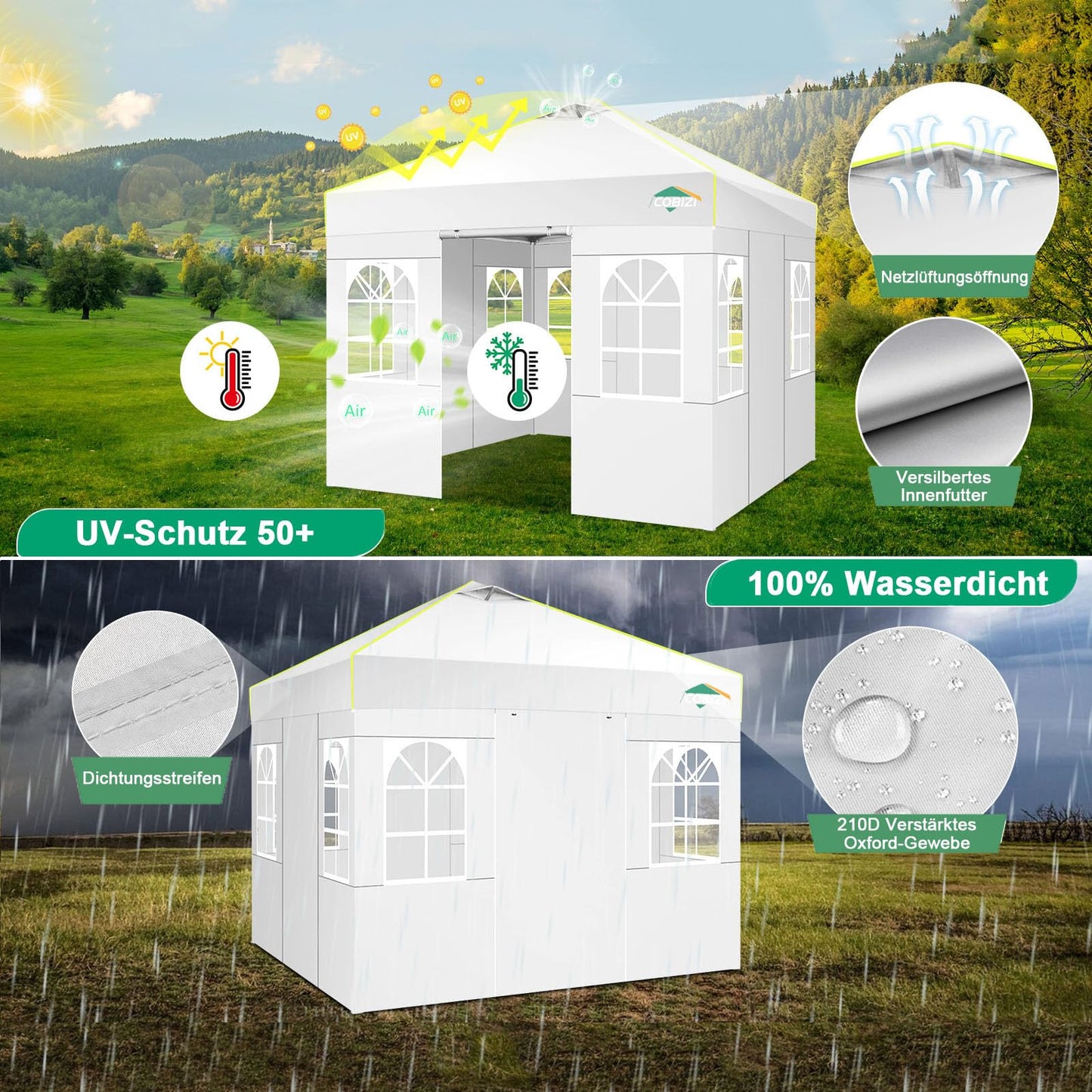 COBIZI Faltpavillon 3x6 Pavillon wasserdicht Winterfest, Ein-Tasten-Zentralverriegelung Partyzelt Faltbar Anti-UV mit 6 Seitenwänden, Gartenpavillon mit Leuchtstreifen für Hochzeiten, Freien, Garten