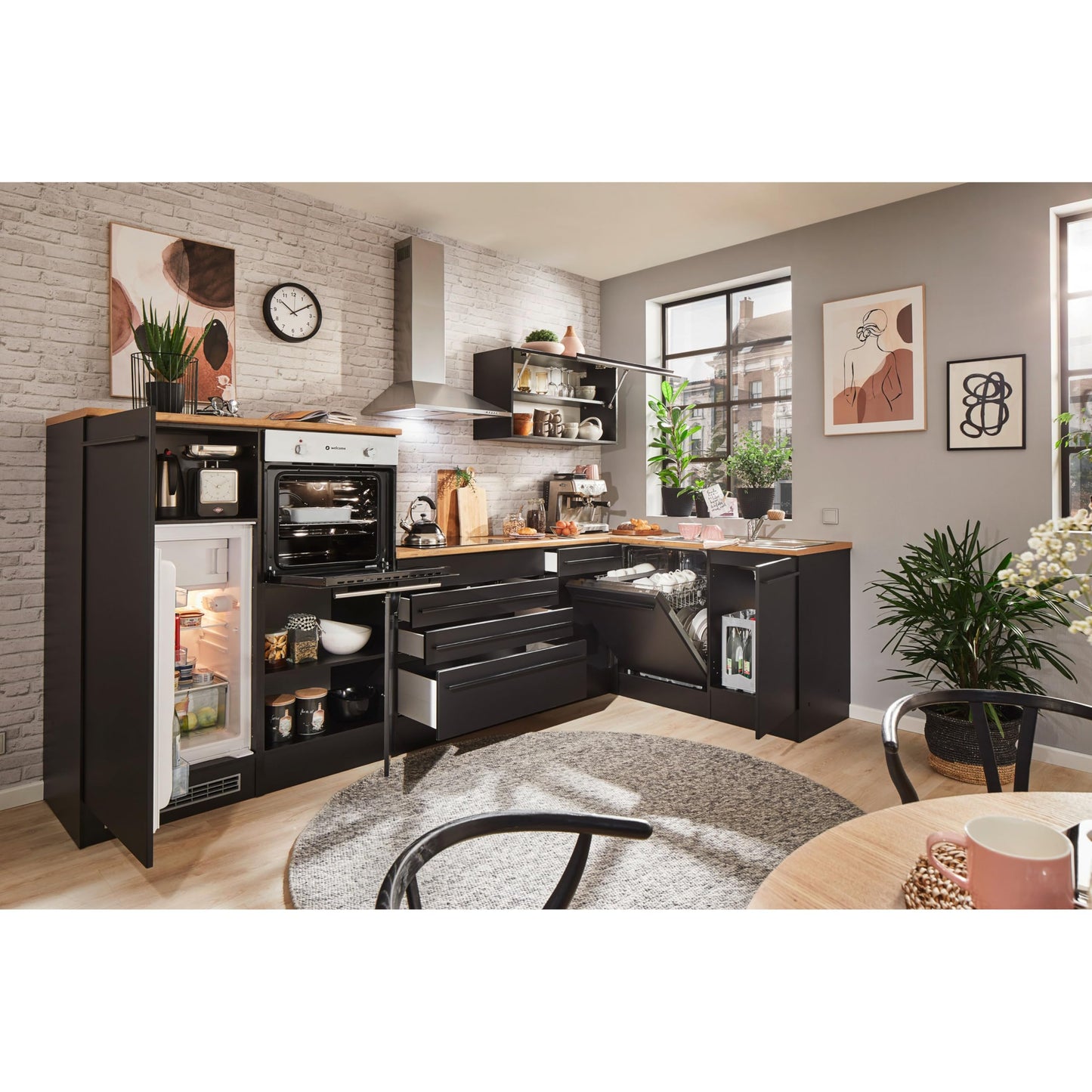 Jazz 4 Modern Corner Kitchen with Electrical Appliances in White High Gloss, Metallic Grey - Spacious Kitchen Unit in L-Shaped with Lots of Storage Space - 320 x 200 x 60 cm (W x H x D)