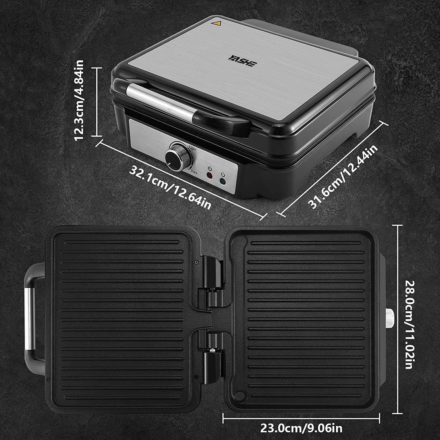 YASHE Contact Grill, 4 Slices Panini Grill Non-Stick Coated Plates, 1800 W Toaster Sandwich Toaster with Temperature Control, Indicator Light, Opens 180 Degrees, Removable Drip Tray, Black