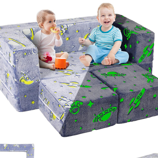 Children's Sofa Fold-Out 2-in-1 Toddler Sofa Bed, Children's Chair with Sleep Function, Mini Couch for Cuddly Corner Children's Room, Fancy Play Sofa for Girls and Boys, Glow in the Dark (Purple)