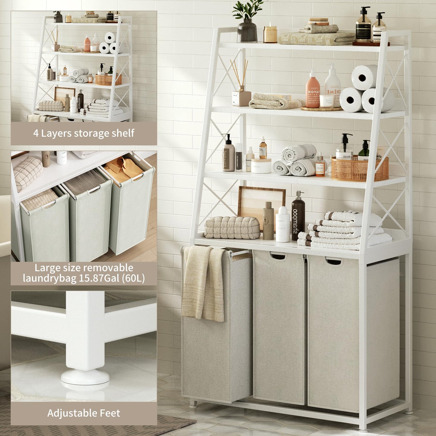 Herture Laundry Basket 3 Compartments Laundry Hamper with 4 Shelves Laundry Basket Removable Laundry Bags Large 3 x 60L for Laundry Room Bathroom Ink Black Vintage Brown PF05XLN