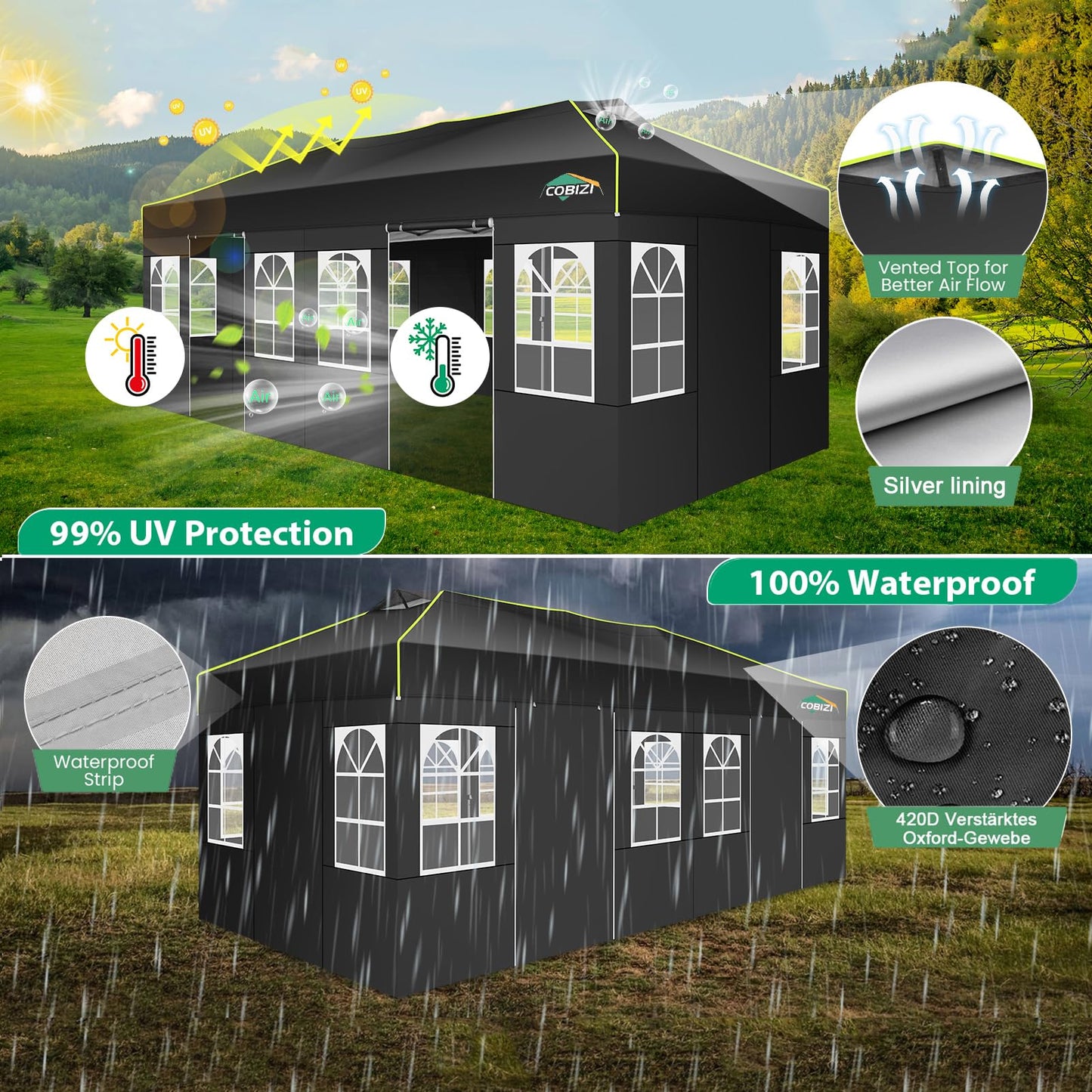COBIZI Faltpavillon 3x6 Pavillon wasserdicht Winterfest, Ein-Tasten-Zentralverriegelung Partyzelt Faltbar Anti-UV mit 6 Seitenwänden, Gartenpavillon mit Leuchtstreifen für Hochzeiten, Freien, Garten