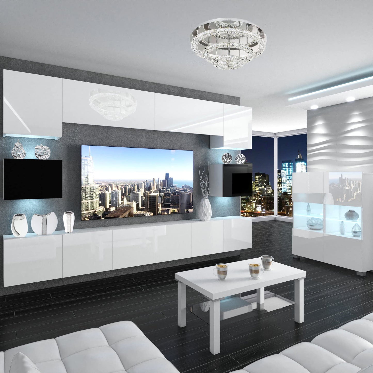 BELINI Living Room Wall Unit Full Equipment Living Room Set Modern Cabinet Wall with LED Lighting TV Cabinet White