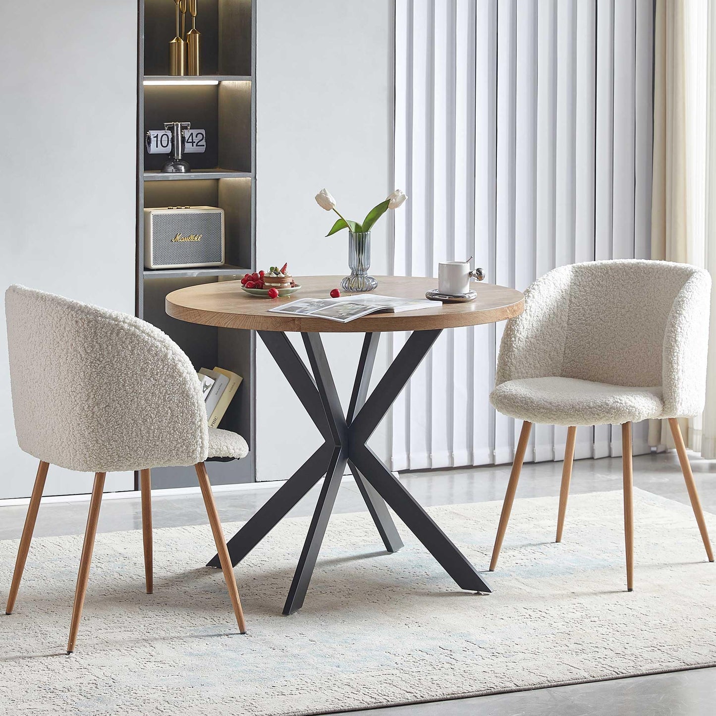 NORDICANA Esstisch mit 4 Stühlen Set, 95cm Runder Esstisch und 4 Kunstfell Loungesessel, Esszimmergruppe mit 4 Essstühlen, für Küche, Büro, Wohnzimmer, Balkon, Restaurant(Tisch+4 Braun Stühle)