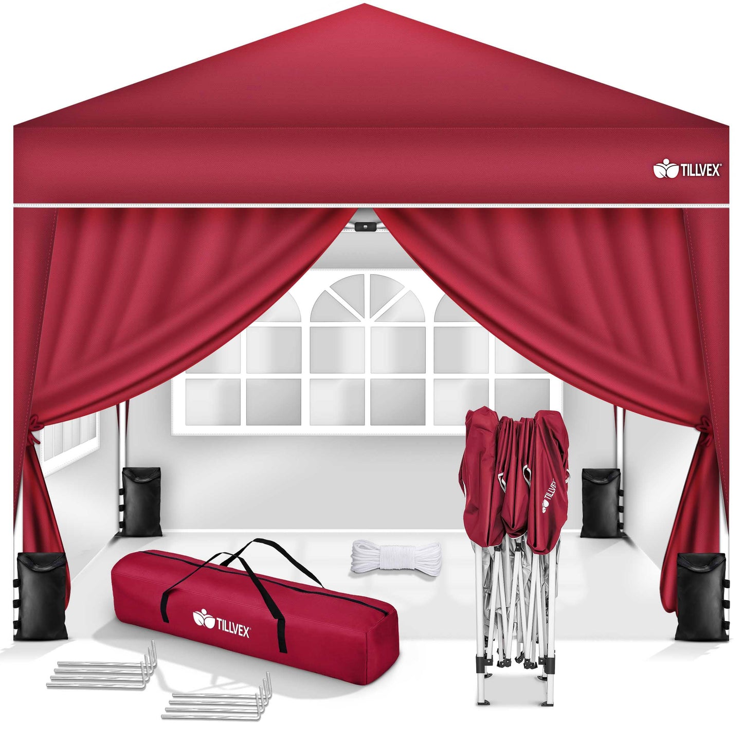 tillvex Gazebo 3 x 3 m Waterproof with 4 Side Panels + Set of 4 Sandbags Pop-Up Folding Gazebo Stable & Height Adjustable Garden Tent UV Protection 50+ Party Tent with Bag for Garden, Grey