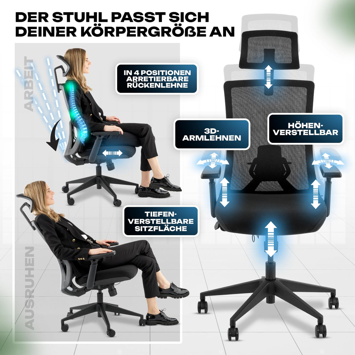 M2 Ergonomic Office Chair, Test Winner with Adjustable Armrest without Headrest for Maximum Freedom of Movement, Back-Friendly, Comfortable Desk Chair for Office and Home Office Chair