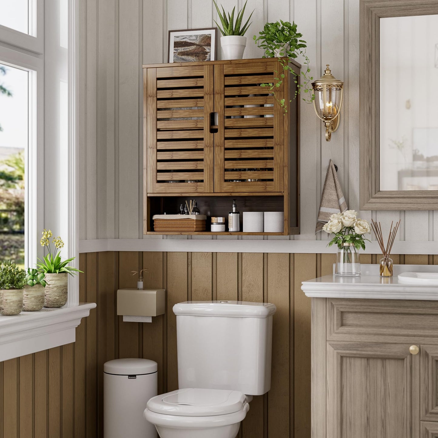 SMIBUY Bathroom Cabinet, Wall Mounted, Bamboo Over the Toilet Storage Organiser, Space Saving Medicine Cabinet with 2 Doors and Adjustable Shelves (Black)