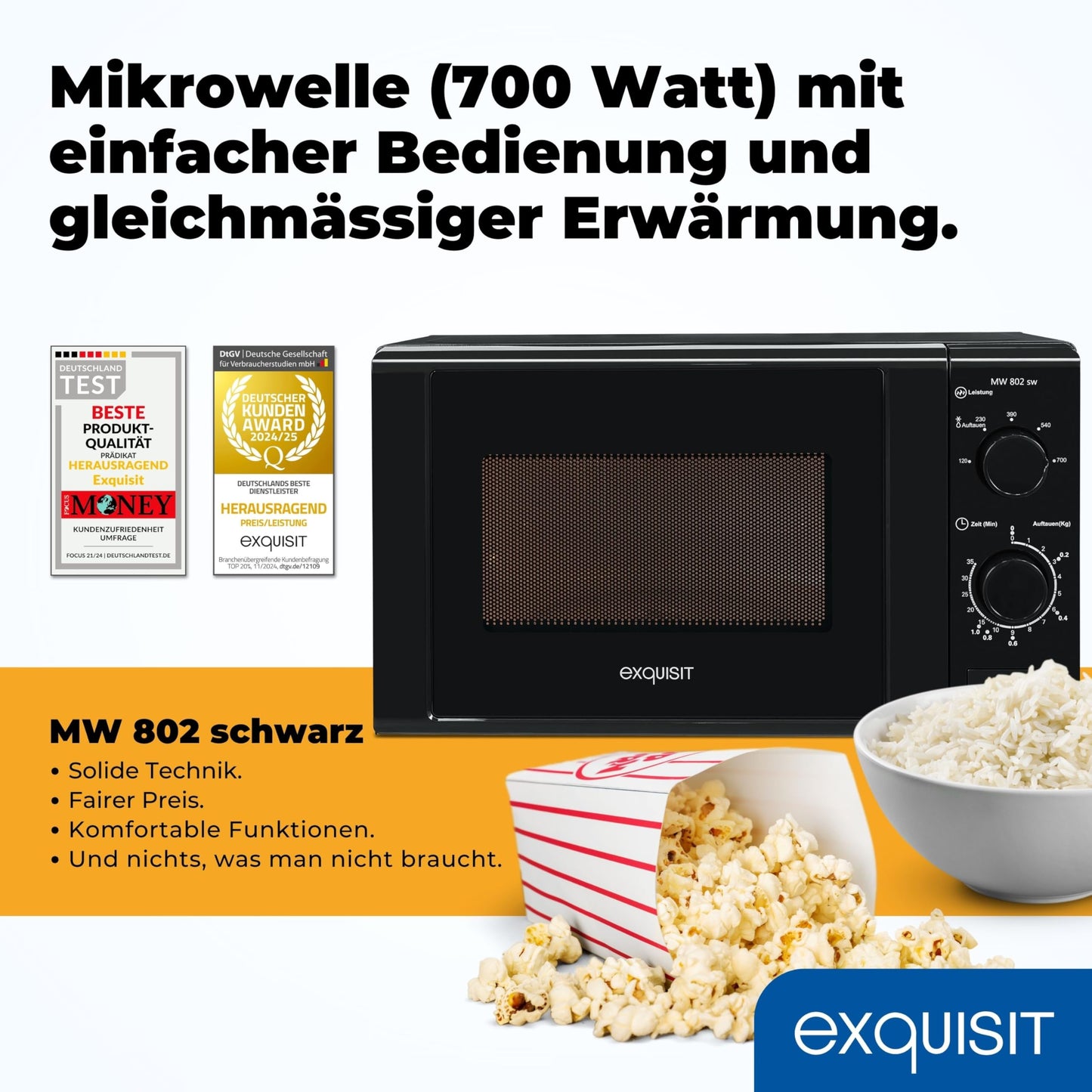 Exquisit Microwave MW 802 SW, 700 W Power, 20 L Cooking Space, Compact Microwave With Stainless Steel Interior, Space-Saving, Incl. Timer, Black