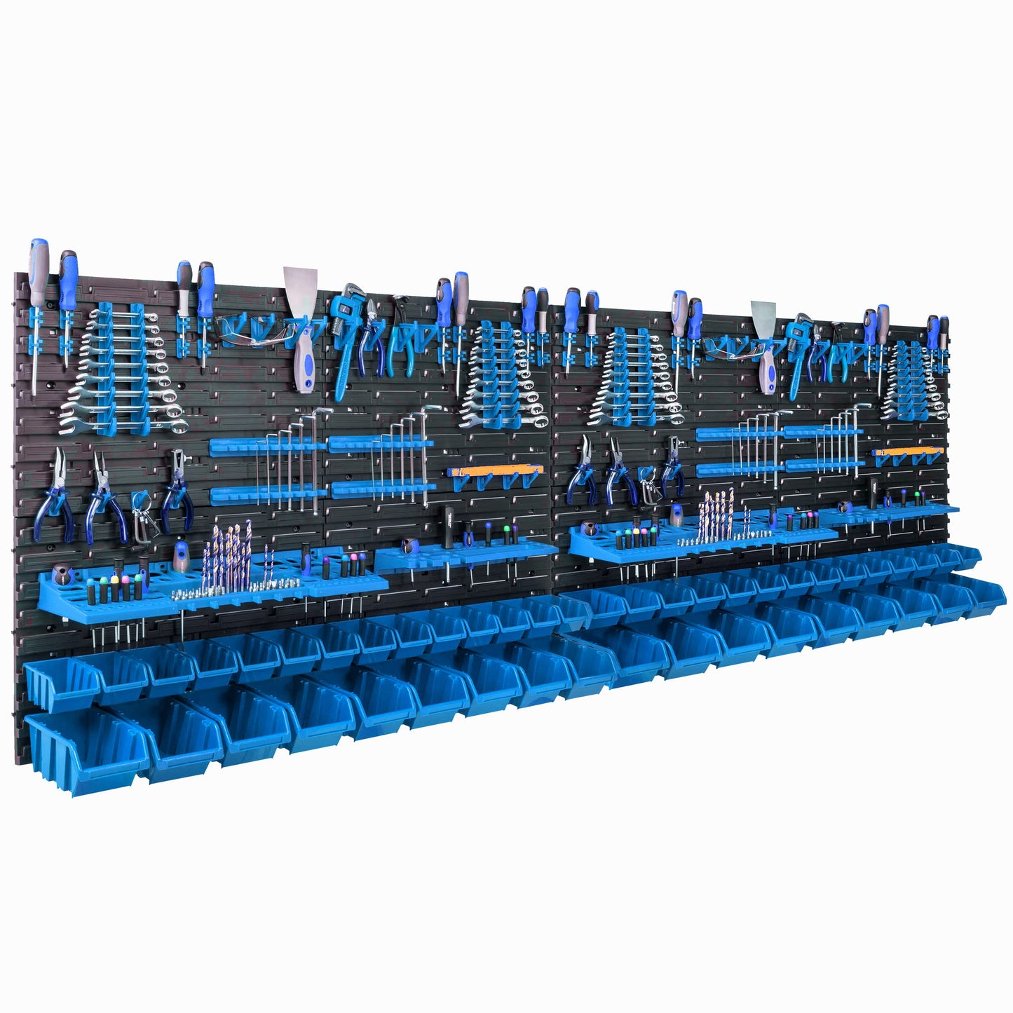 Storage System Wall Shelf 230 x 78 cm, Tool Holders, 46 Pieces Stacking Boxes, Storage Shelves, Storage Boxes, Extra-Strong Wall Shelves, Expandable Workshop Shelving, Workshop Shelves