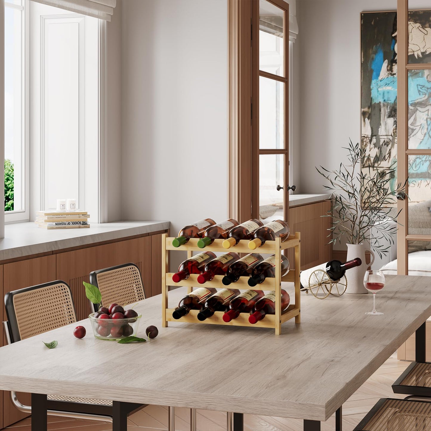 Dripex Wooden Wine Rack Bottle Rack, Small Wine Bottle Rack, Wine Bottle Holder 12 Bottles, Slim Wine Stand Standing, Drinks Rack Bottles for Cellar Kitchen, 3 Levels