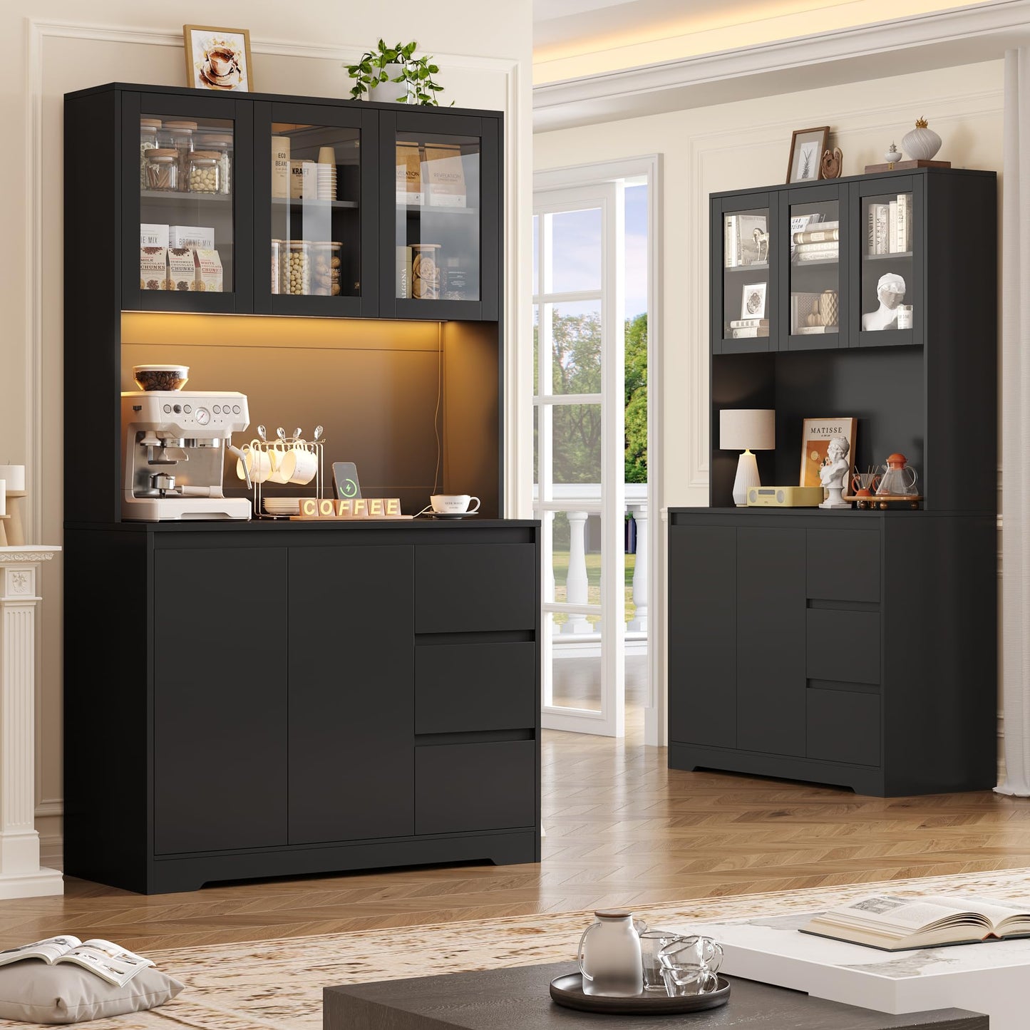 FirFurd Kitchen Cabinet Buffet Cabinet with LED Sideboard for Kitchen with Power Strip Kitchen Cabinet with Worktop and 3 Drawers Kitchen Buffet with Adjustable Shelf 180 x 100 x 38.5 cm (Black)