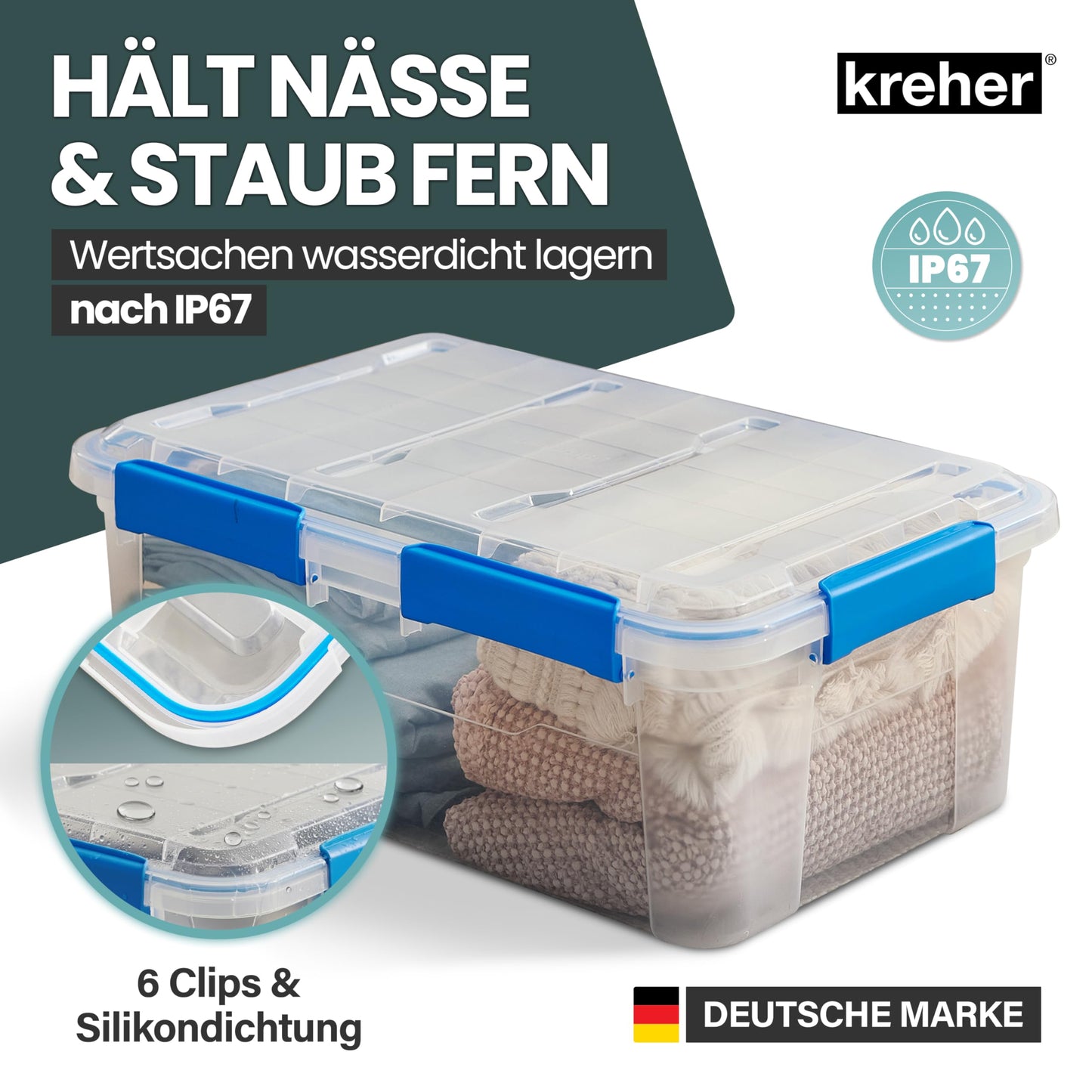 Kreher® Waterproof Storage Box with Lid and Silicone Seal (IP67) Made of Durable Plastic in Various Sizes. Ideal for Wet Rooms, Basements, Garages, Camping etc. (2.50 Litres)