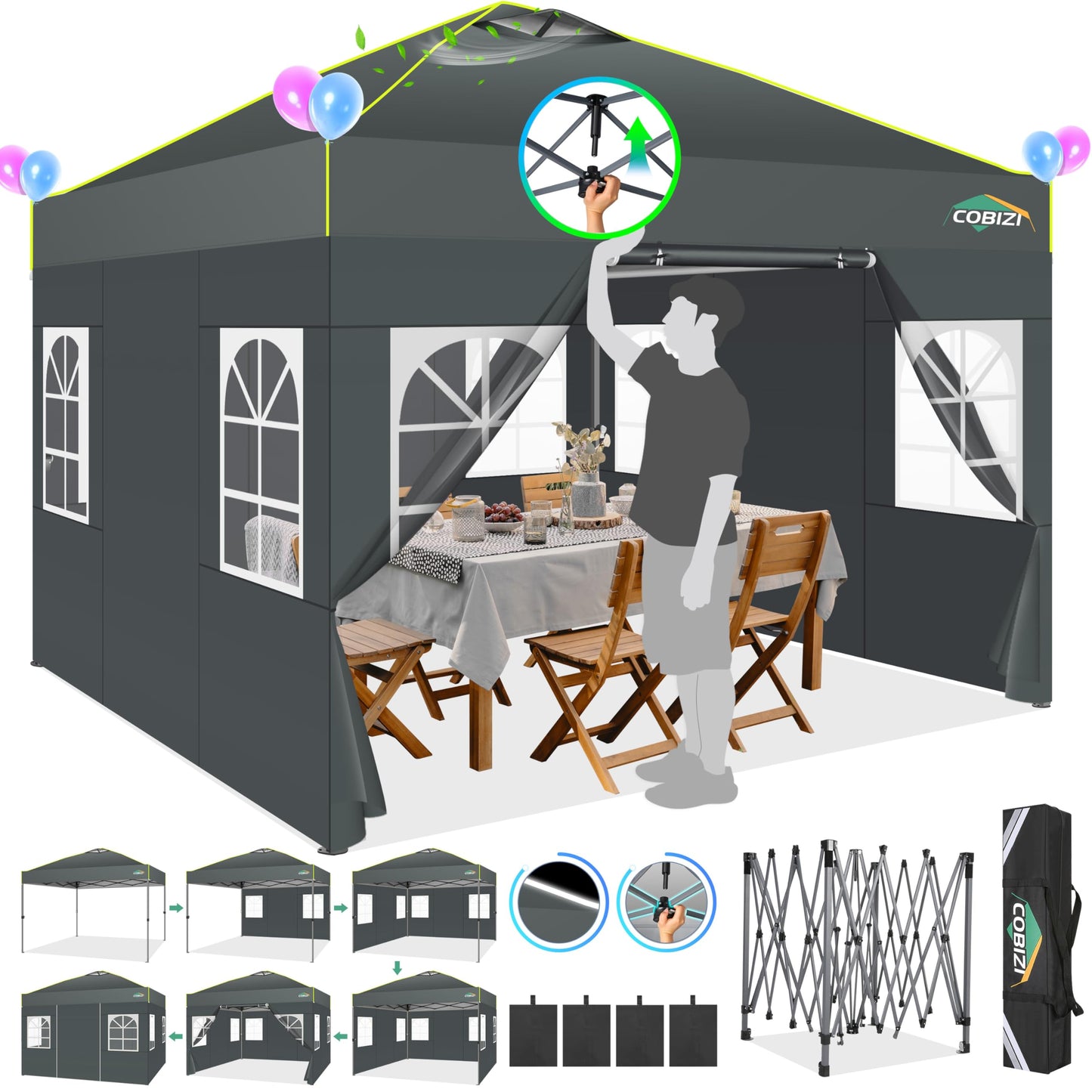 COBIZI Folding Gazebo Gazebo 3 x 6 Waterproof Winterproof Garden Gazebo Party Tent Pop Up Gazebo Foldable Tent with 6 Side Waves with Ventilation Openings, Sandbag for Market, Outdoor Event, Black