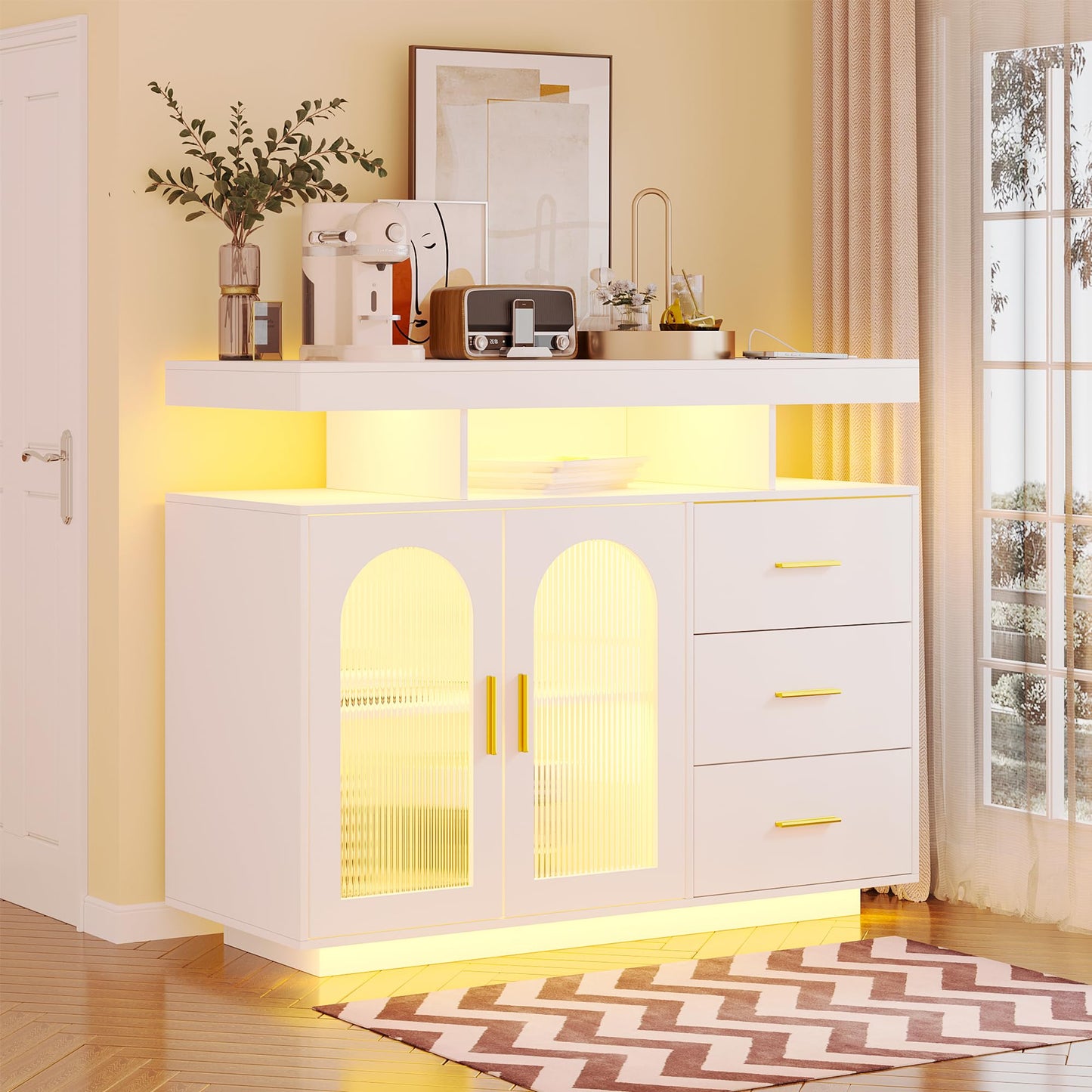 Lvifur Buffet Cabinet, Sideboard, White, Storage Cabinet with Wireless Charging Station, Automatic Sensor, RGB 20 Colours, Dimmable Sideboard, Intelligent Sensors, Chest of Drawers, Living Room, Black