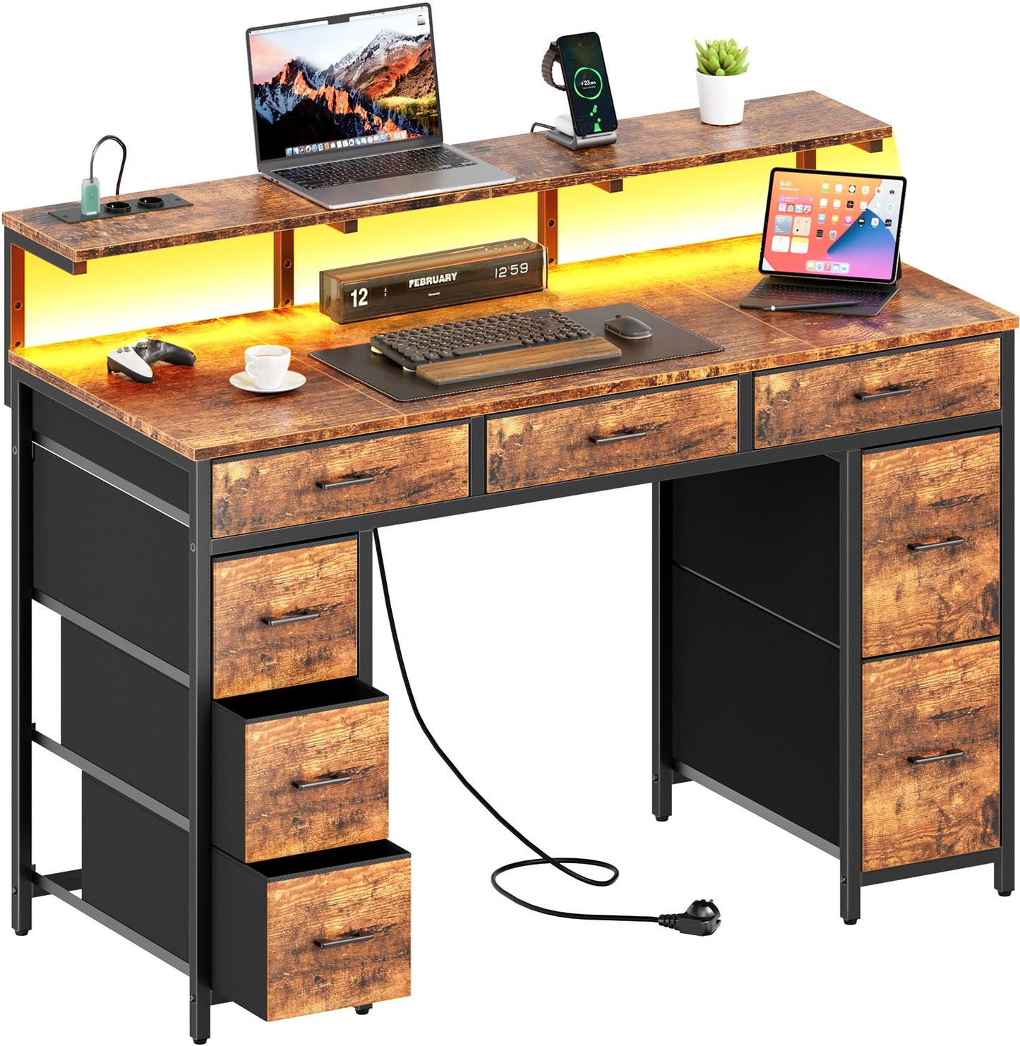 Schreibtisch mit 8 Schubladen, Computertisch mit 2 Steckdosen und 2 USB Ladeanschluss, Bürotisch mit LED und Monitorständer, PC Tisch für Büro, Wohnzimmer, 120 x 50 x 74 cm, Weiß