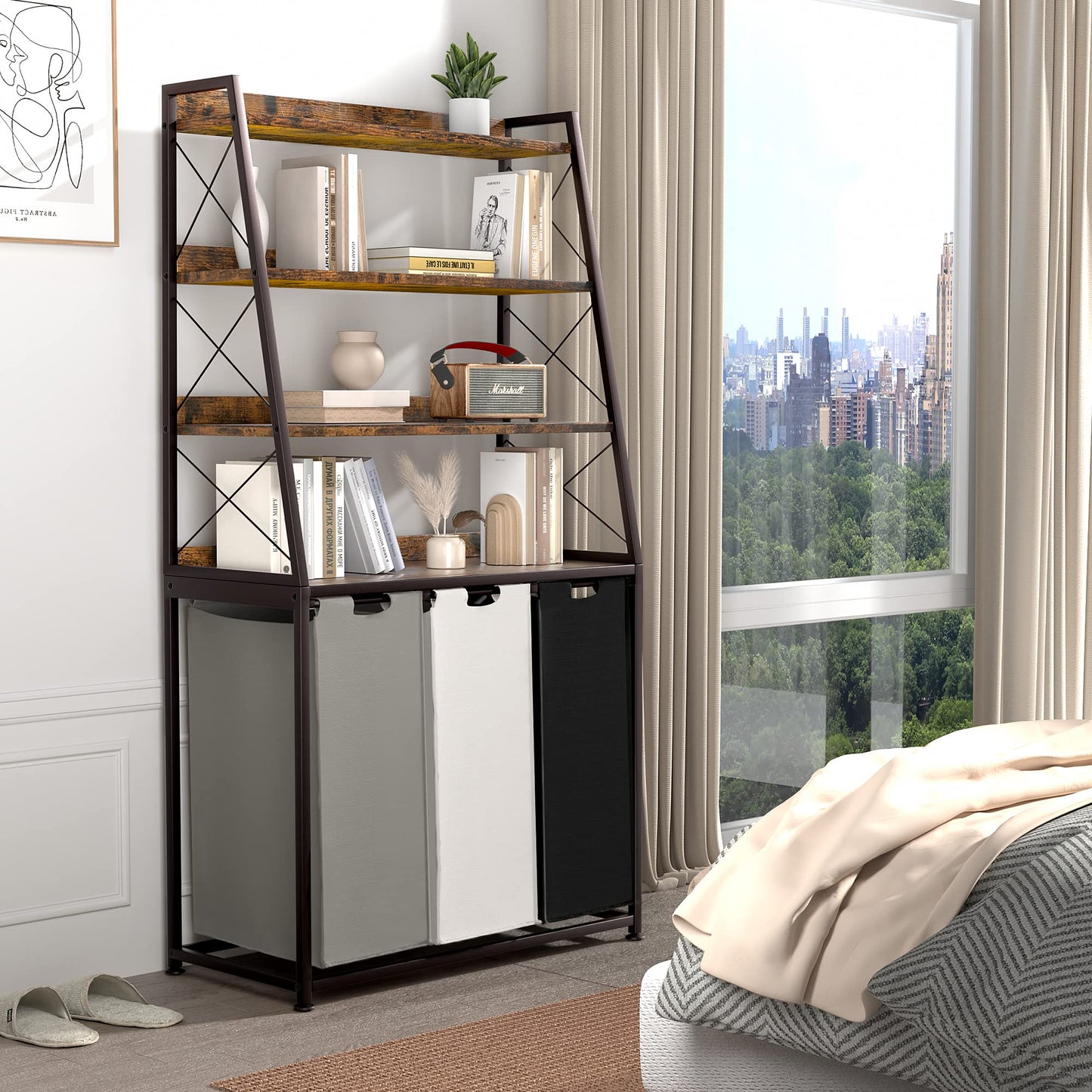 Herture Laundry Basket 3 Compartments Laundry Hamper with 4 Shelves Laundry Basket Removable Laundry Bags Large 3 x 60L for Laundry Room Bathroom Ink Black Vintage Brown PF05XLN