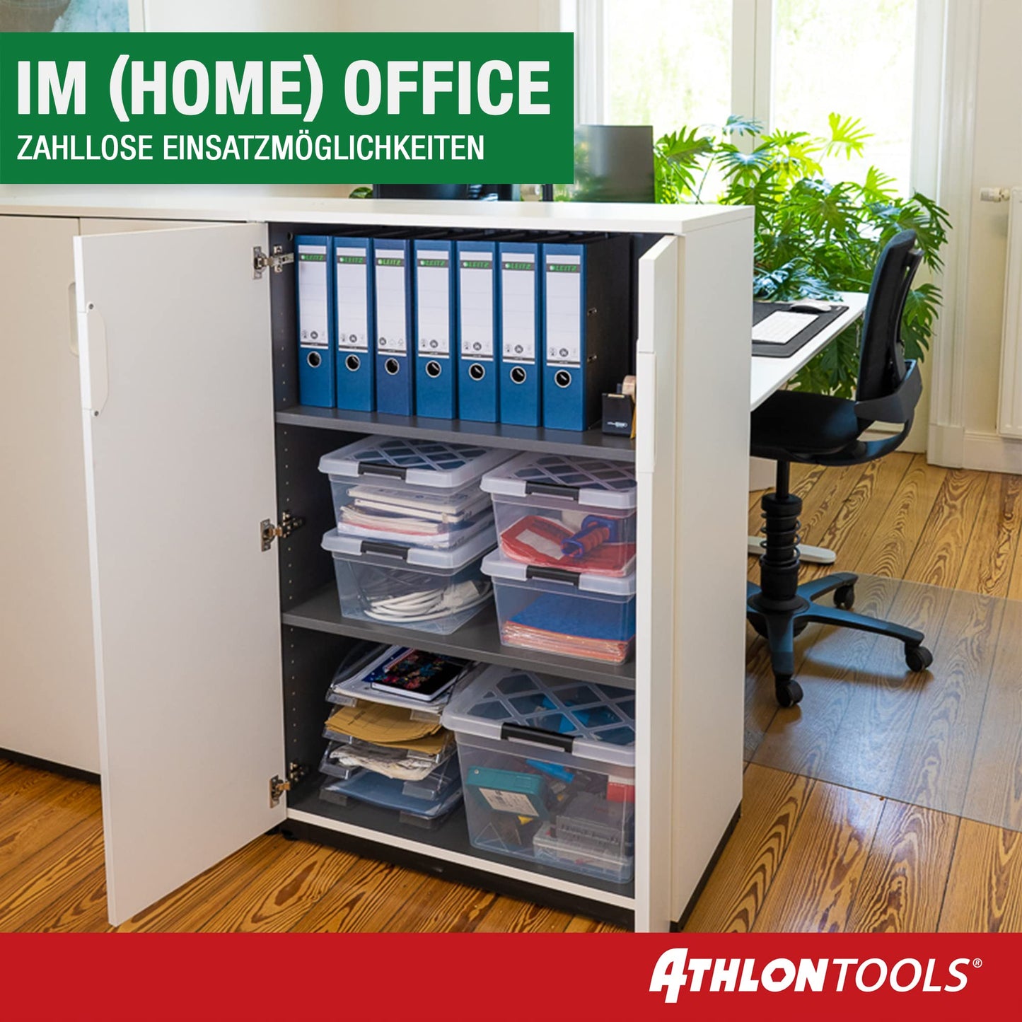 ATHLON TOOLS 4 x 60 L Storage Boxes with Lid, Food-Safe, Locking Clips, 100% New Material Plastic Box, Transparent, Clothes Boxes, Stackable