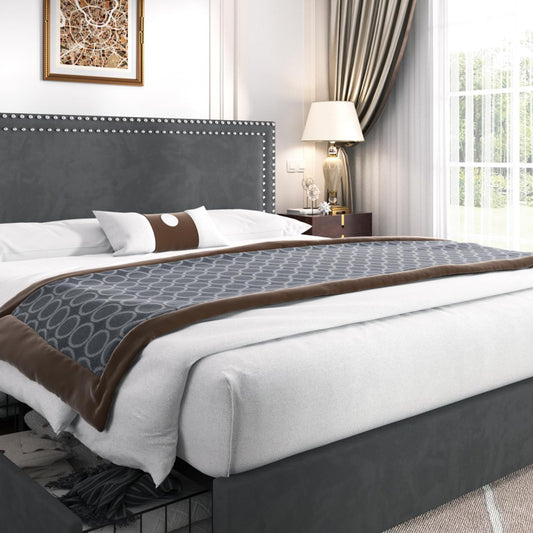 VECELO Upholstered Double Bed 140 x 200 cm with 4 Storage Drawers, Double Bed Frame with Height-Adjustable Headboard and Storage Box, Bed with Storage Space and Slatted Frame, Mattress Not Included