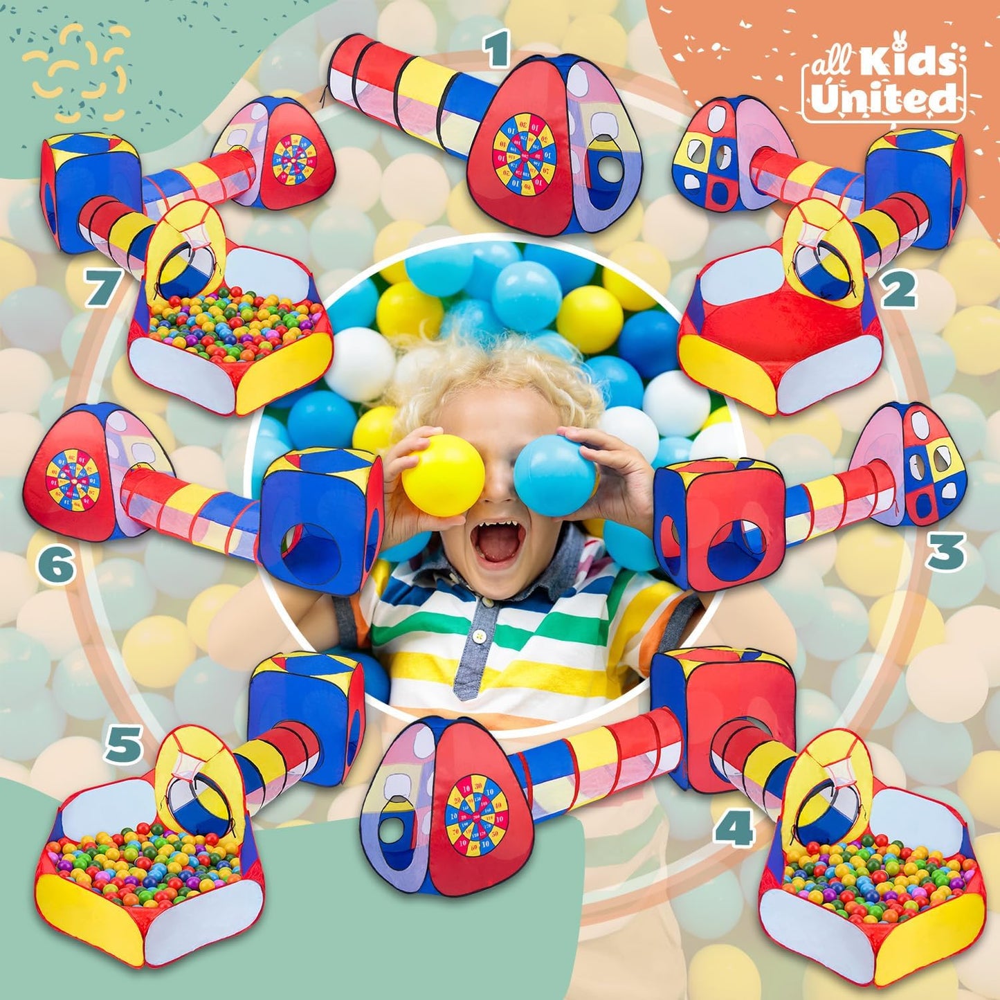 all Kids United® Play Tent with Tunnel, Ball Pit, Crawling Tunnel & More (without Balls) XXL Play Land 5-Piece Pop-Up Play House with Bag