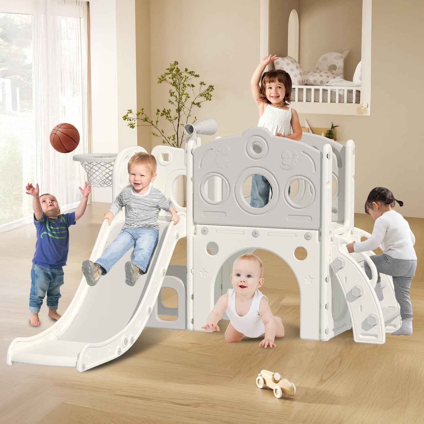 Hominewti 8-in-1 Kids Slide, Kids Playground with Basketball Hoop, Telescopic and Climbing Frame, Baby Slide for Toddlers, Playground for Indoor and Outdoor Use, Green