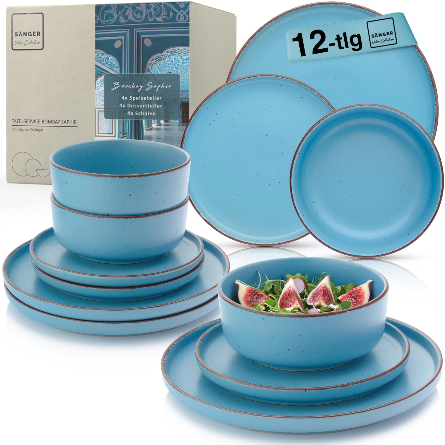 SÄNGER Bombay Seabed Crockery Service 20 Pieces, Stoneware Crockery for 4 People, 4 x Dinner Plates, 4 x Dessert Plates, 4 x Bowls, 4 x Pasta Plates, 4 x Coffee Mugs, Plate Set Colourful Value
