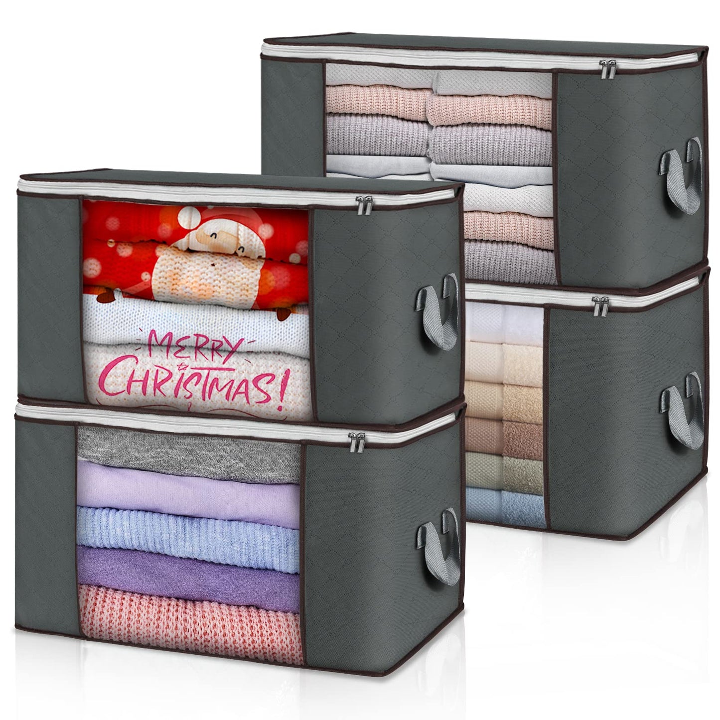 Budding Joy Pack of 6 90 L Storage Bags, Storage Boxes with Lid, Large, Clothes Storage, Moving Boxes, Foldable Underbed Wardrobe for Clothes, Duvets and Bedding, Grey