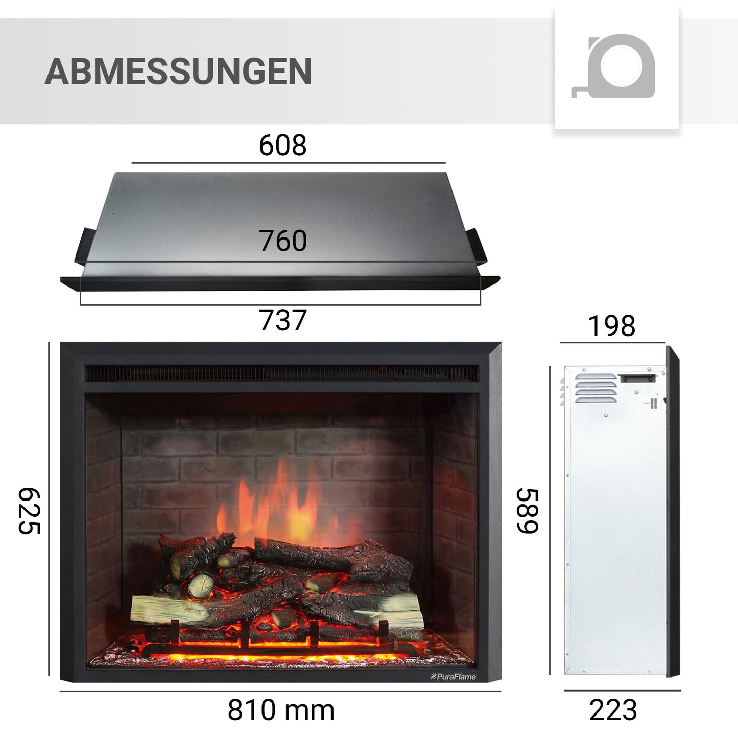 BALDERIA Calida 26" Elektrokamin - Elektrischer Einbaukamin mit 3D-Flammeneffekt | Elektro Heizung 2000W | Knister-Sound | Kamin mit Fernbedienung & Thermostat | Schwarz