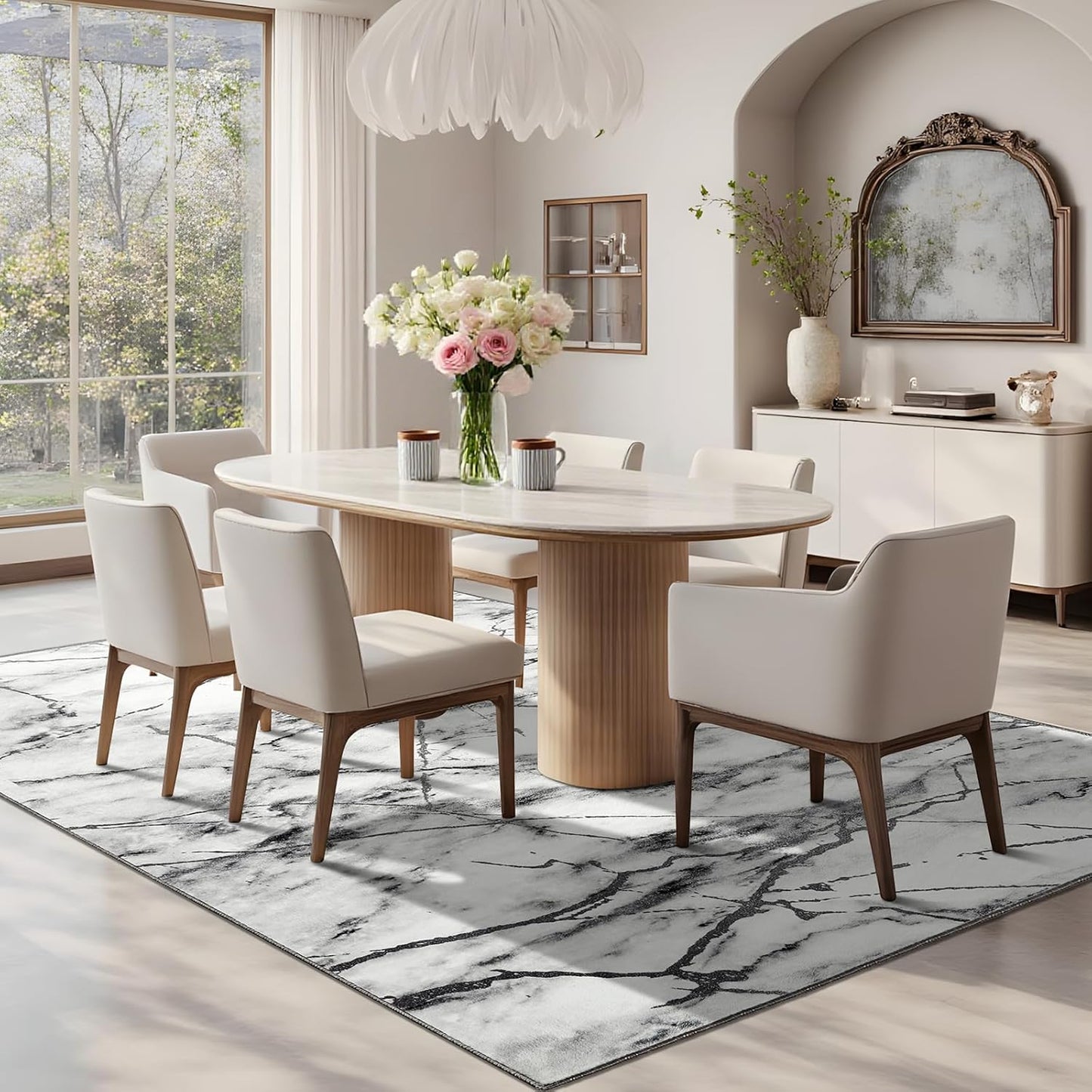 Abstract Area Rug 5x7 Washable Rug with Non-Slip Backing Low Pile Area Rug Area Rugs for Living Room, Bedroom, Dining Room, Silver&Grey
