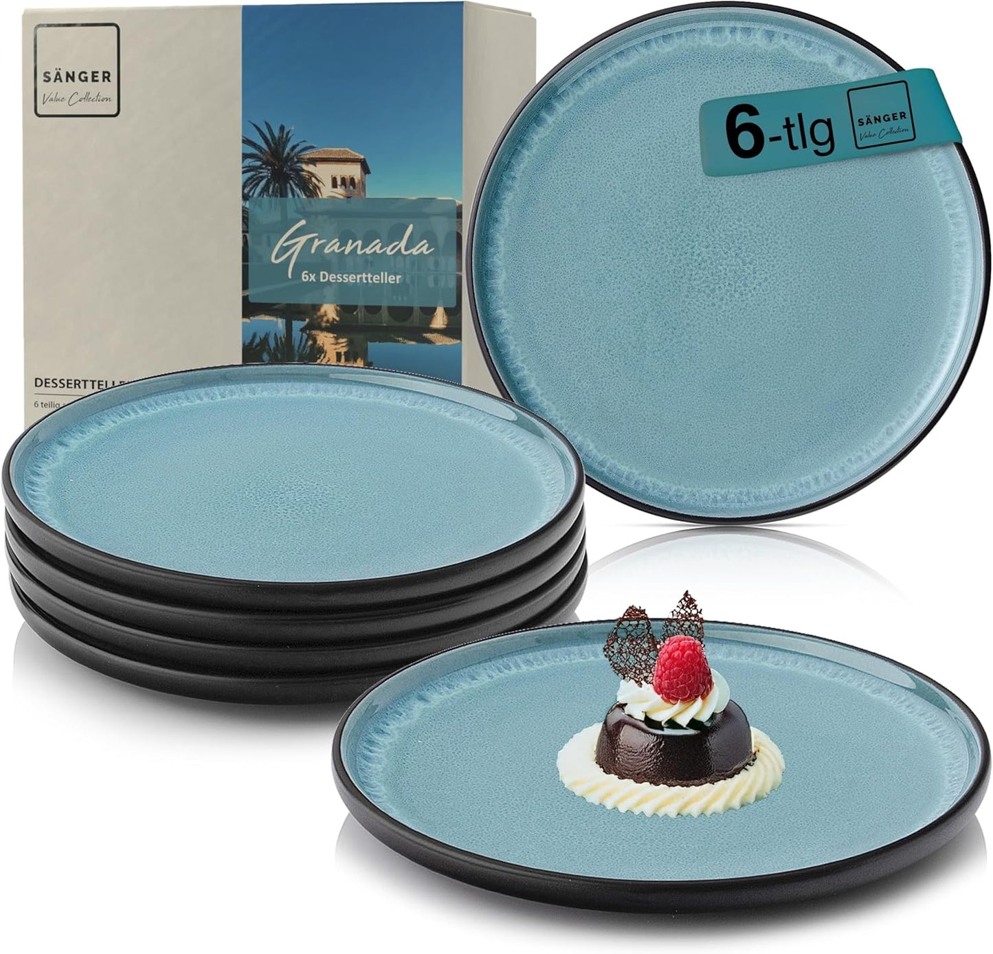 SÄNGER Manila Dinner Service for 6 People, Plate Set, Coffee Mug, Pasta Bowl, 30 Pieces, Stoneware Crockery Set, Dishwasher, Microwave, Scratch-Resistant, Blue with Black Rim, Value Collection