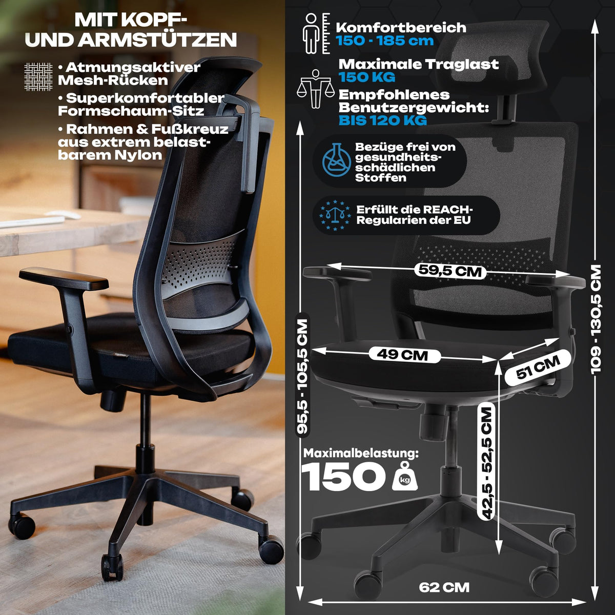 M2 Ergonomic Office Chair, Test Winner with Adjustable Armrest without Headrest for Maximum Freedom of Movement, Back-Friendly, Comfortable Desk Chair for Office and Home Office Chair