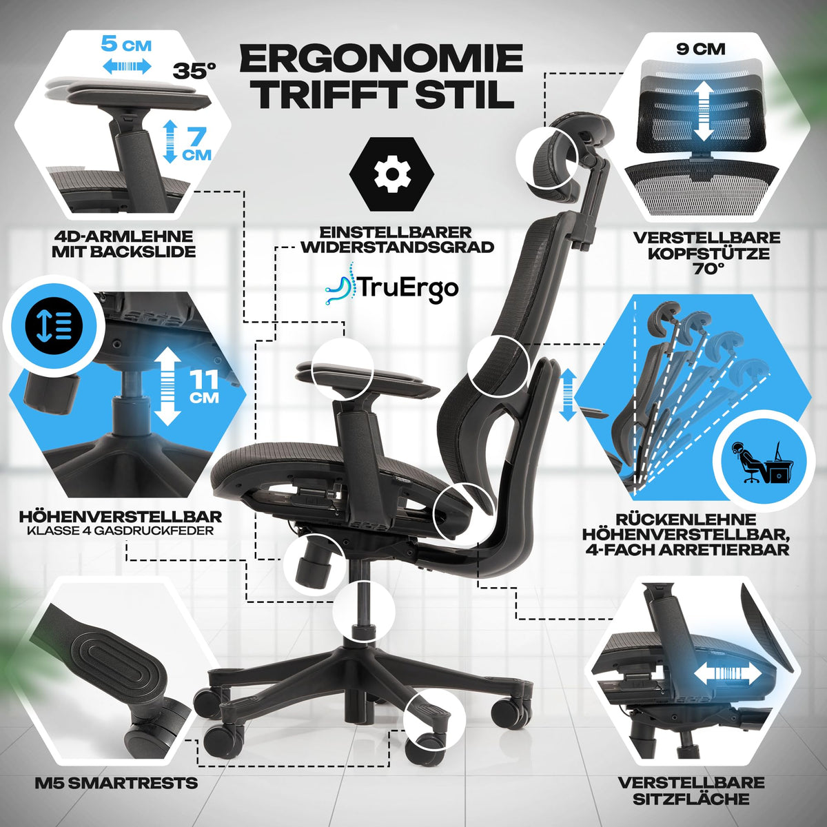 M2 Ergonomic Office Chair, Test Winner with Adjustable Armrest without Headrest for Maximum Freedom of Movement, Back-Friendly, Comfortable Desk Chair for Office and Home Office Chair