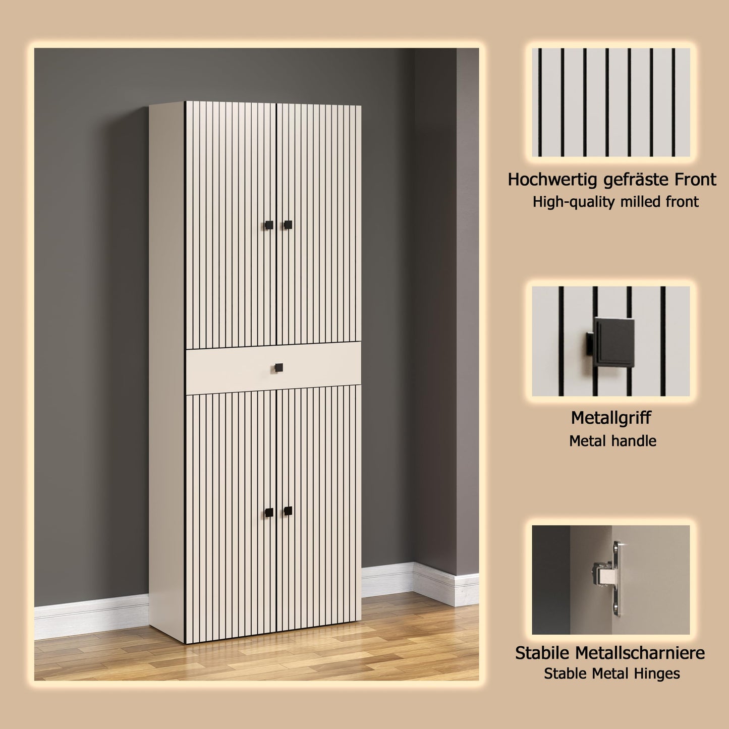 trendteam smart living - PureBliss - Hochschrank - Eiche - Badezimmerschrank in moderner Rillenoptik - edle Metallgriffe - (BxHxT) 40 x 186 x 31 cm - 2 praktische Einlegeböden - kratzfest