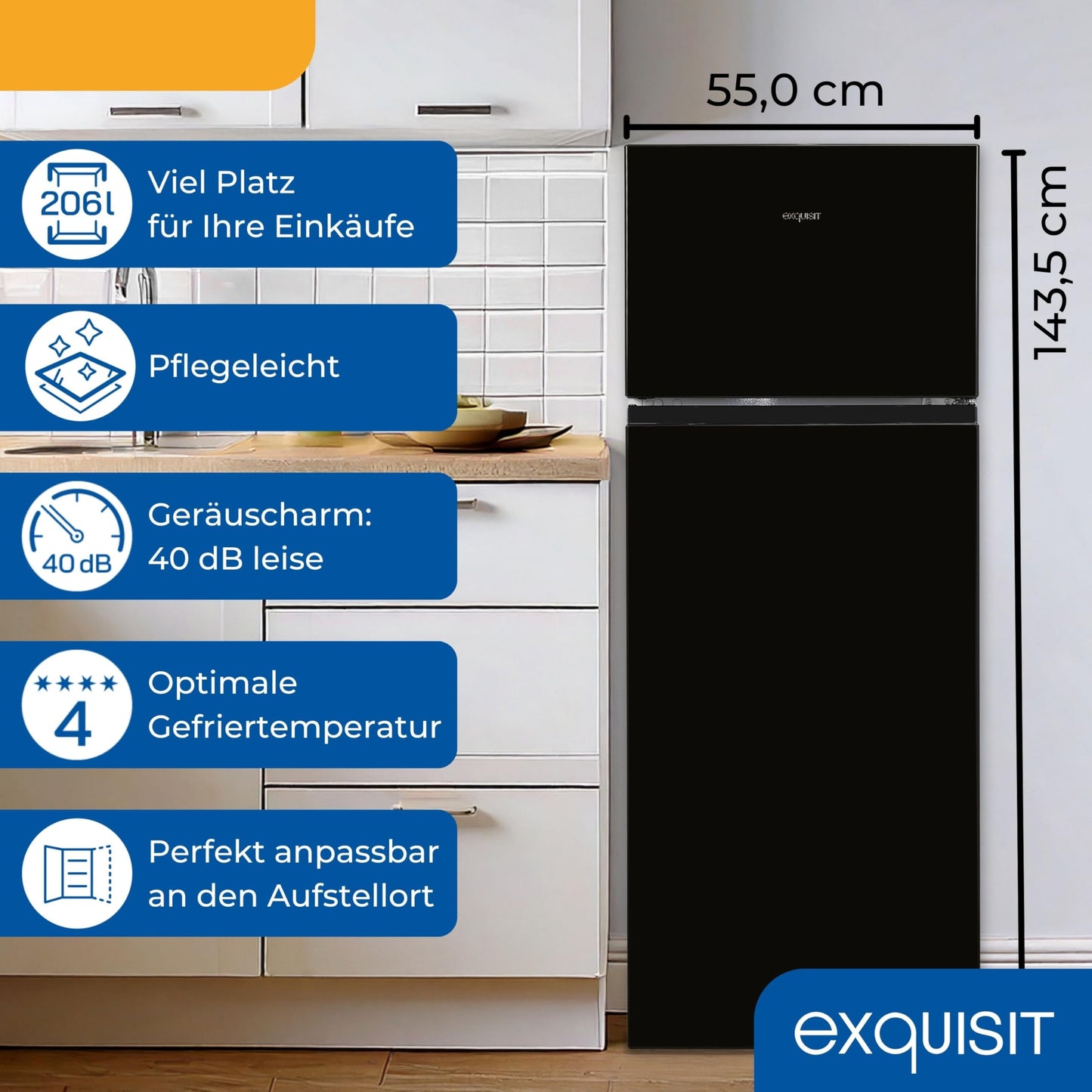Exquisit KGC5270-45-040E Fridge-Freezer, 143 cm Height, Fridge Freezer, 4-Star Freezer, 206 Litres, Inoxlook