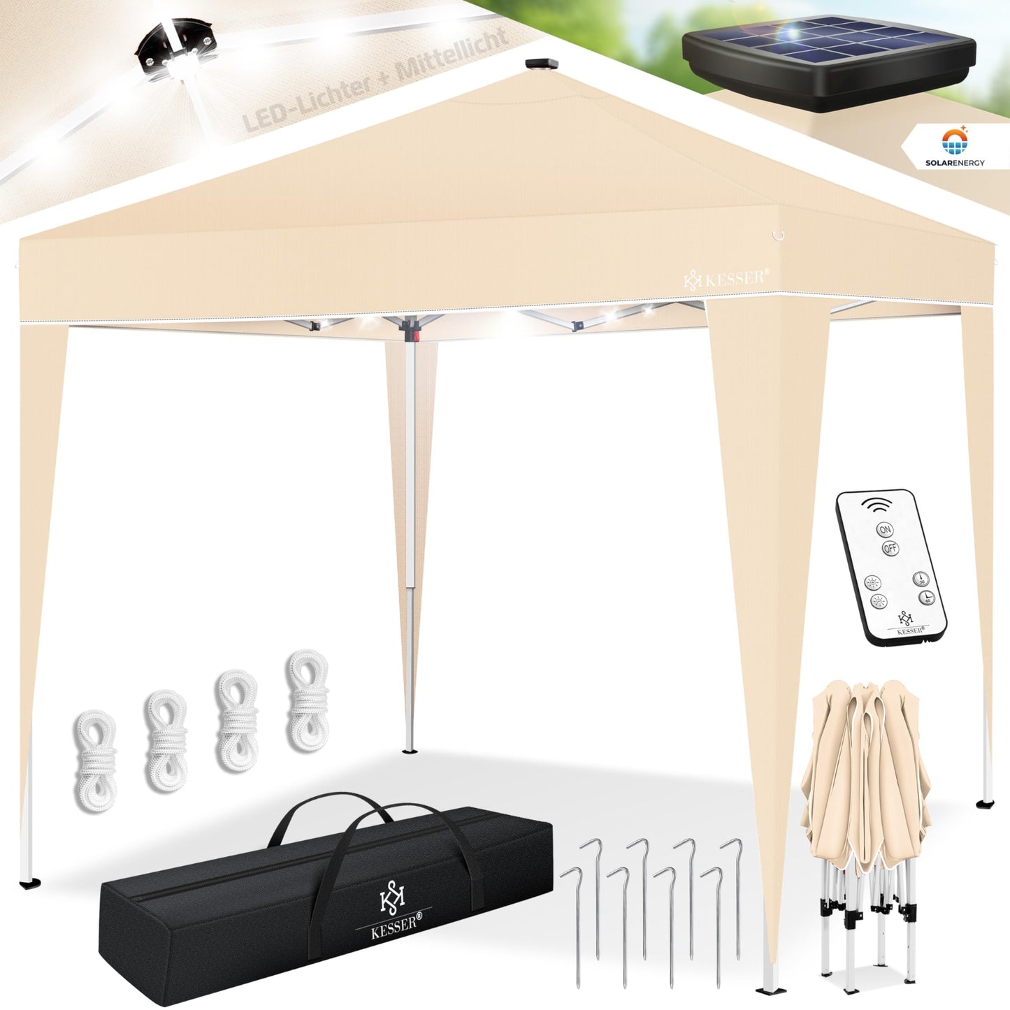 KESSER® Folding Gazebo 3 x 3 m with LED Lighting, Pop-Up Garden Gazebo, Height Adjustable, Stable, Waterproof, Winterproof, Party Tent, Marquee, UV Protection 50+, Includes Remote Control and Bag