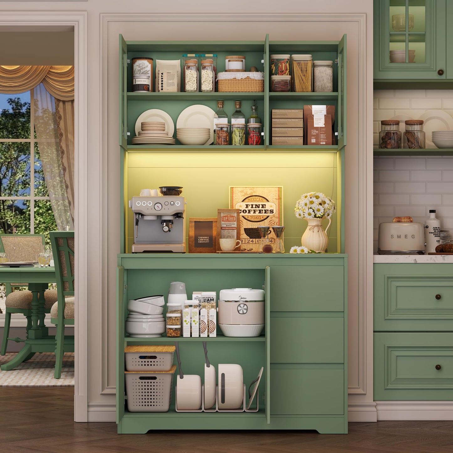 FirFurd Kitchen Cabinet Buffet Cabinet with LED Sideboard for Kitchen with Power Strip Kitchen Cabinet with Worktop and 3 Drawers Kitchen Buffet with Adjustable Shelf 180 x 100 x 38.5 cm (Black)